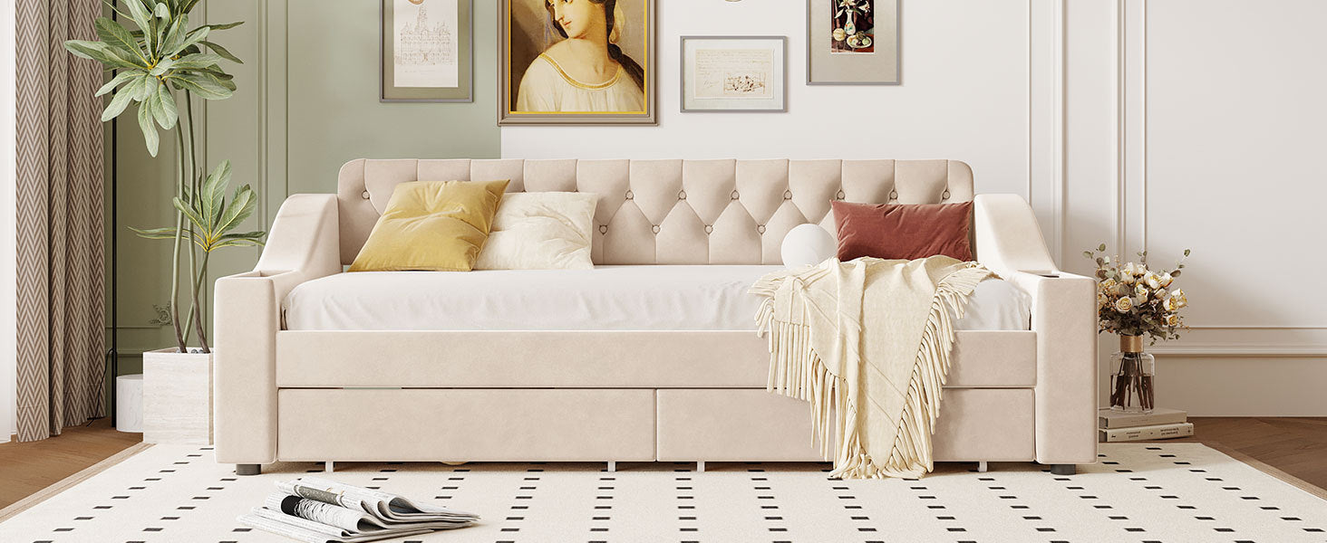 Twin Size Upholstered Daybed with Storage Armrests and USB Port - Beige