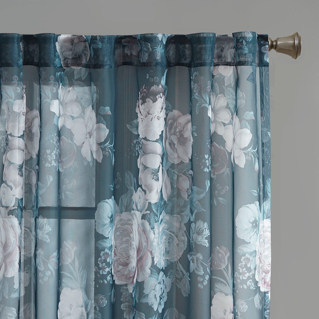 Printed Floral Rod Pocket and Back Tab Voile Sheer Curtain - Navy