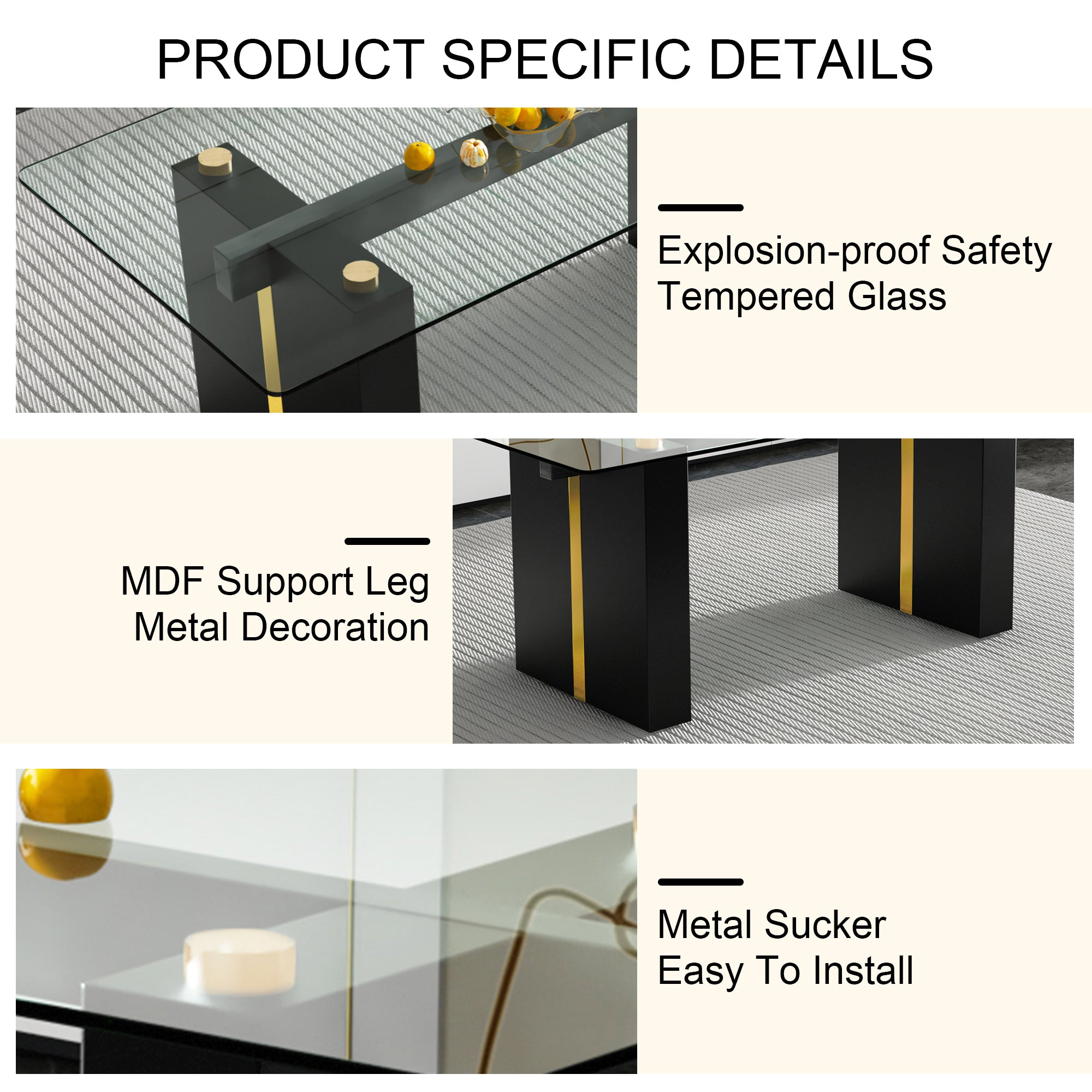 Modern Rectangular Glass Dining Table for 6-8 people - Black Legs