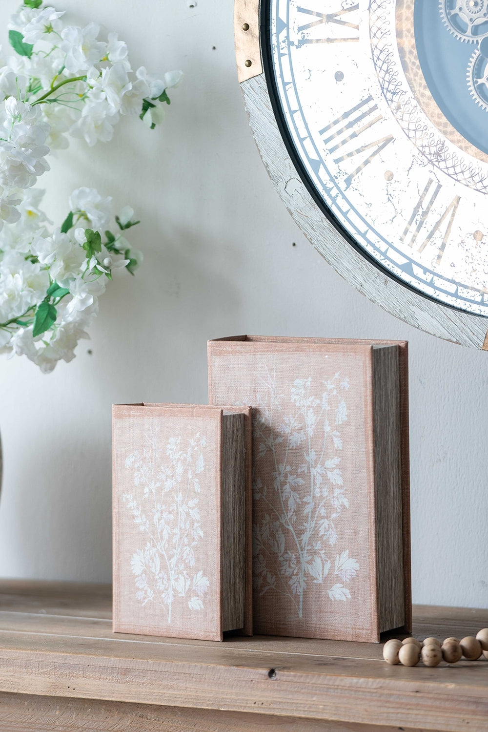 Set of 2 Decorative Book Boxes with Soft Multi-Colored Floral Motifs,  L: 7x3x10.5' S: 5x2x8.5'