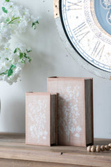 Set of 2 Decorative Book Boxes with Soft Multi-Colored Floral Motifs,  L: 7x3x10.5' S: 5x2x8.5'