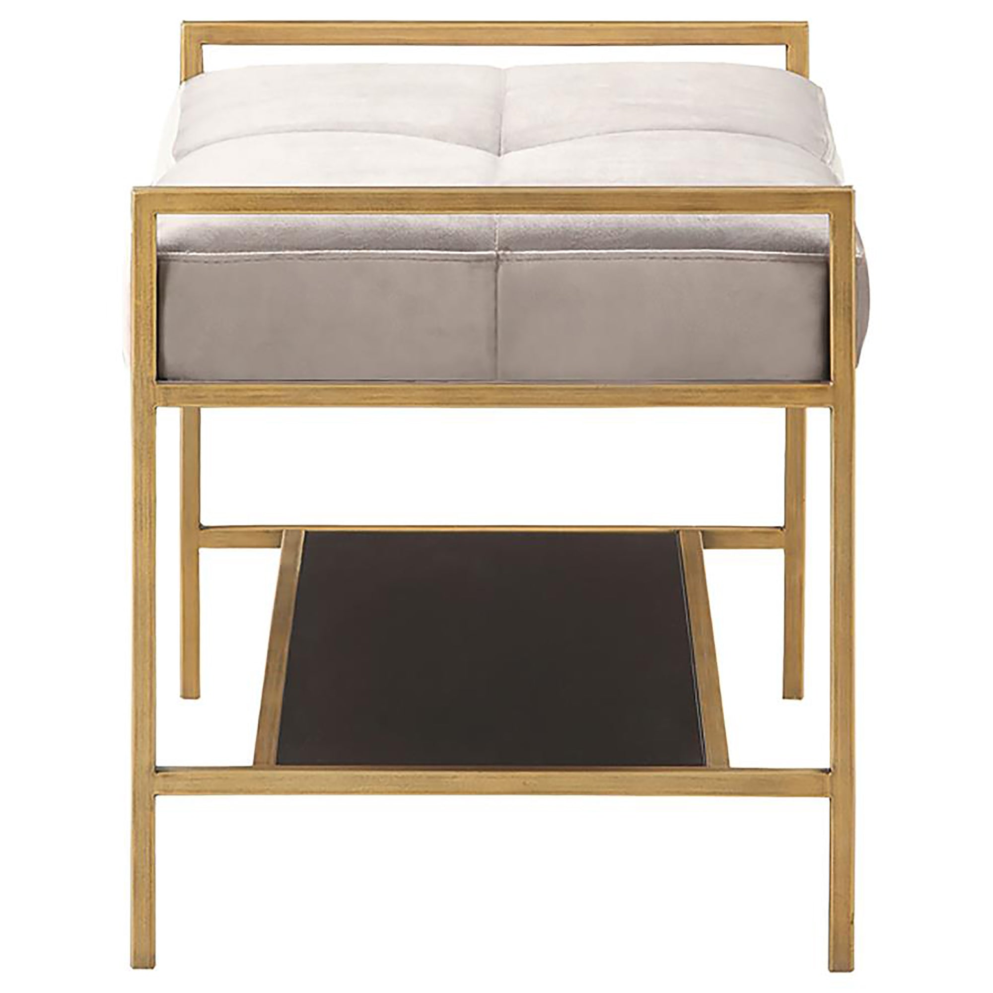 Grey and Gold Upholstered Bench with Bottom Shelf