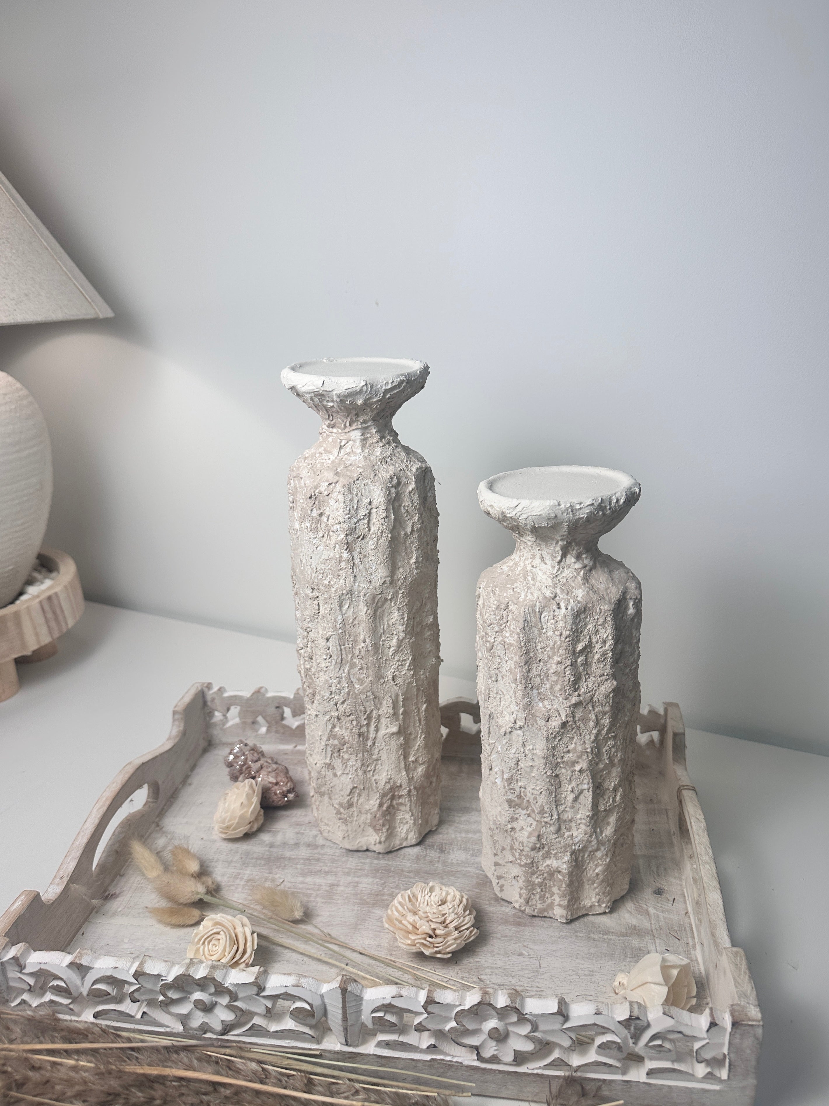 Minimalist Set of 2 Candle Holders Textured Hand-Painted - Cream Sand (10.5x4x4", 13x4x4")