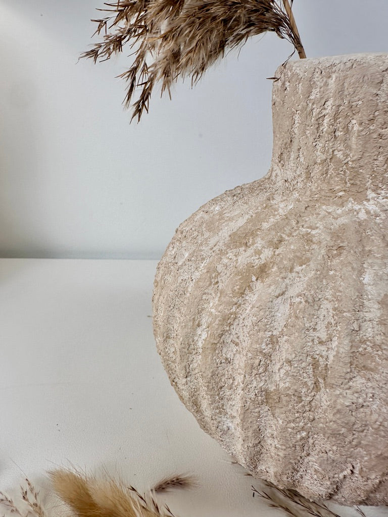 Rustic Minimalist Textured Hand-painted Ceramic Vase 8" tall - Beige Sand Washed