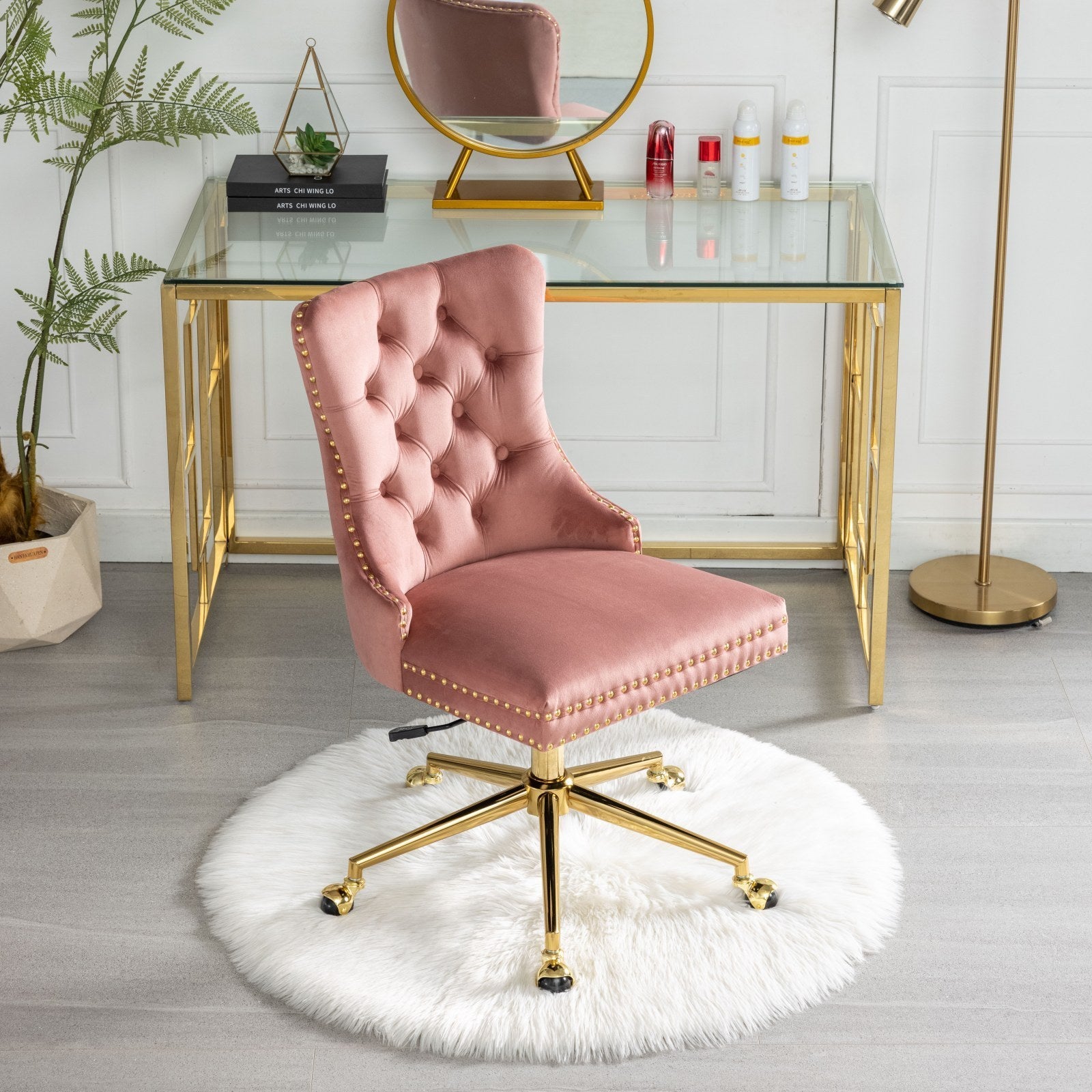 Velvet Upholstered Tufted Button Home Office Chair with Golden Metal Base, Adjustable Desk Chair Swivel Office Chair - Pink