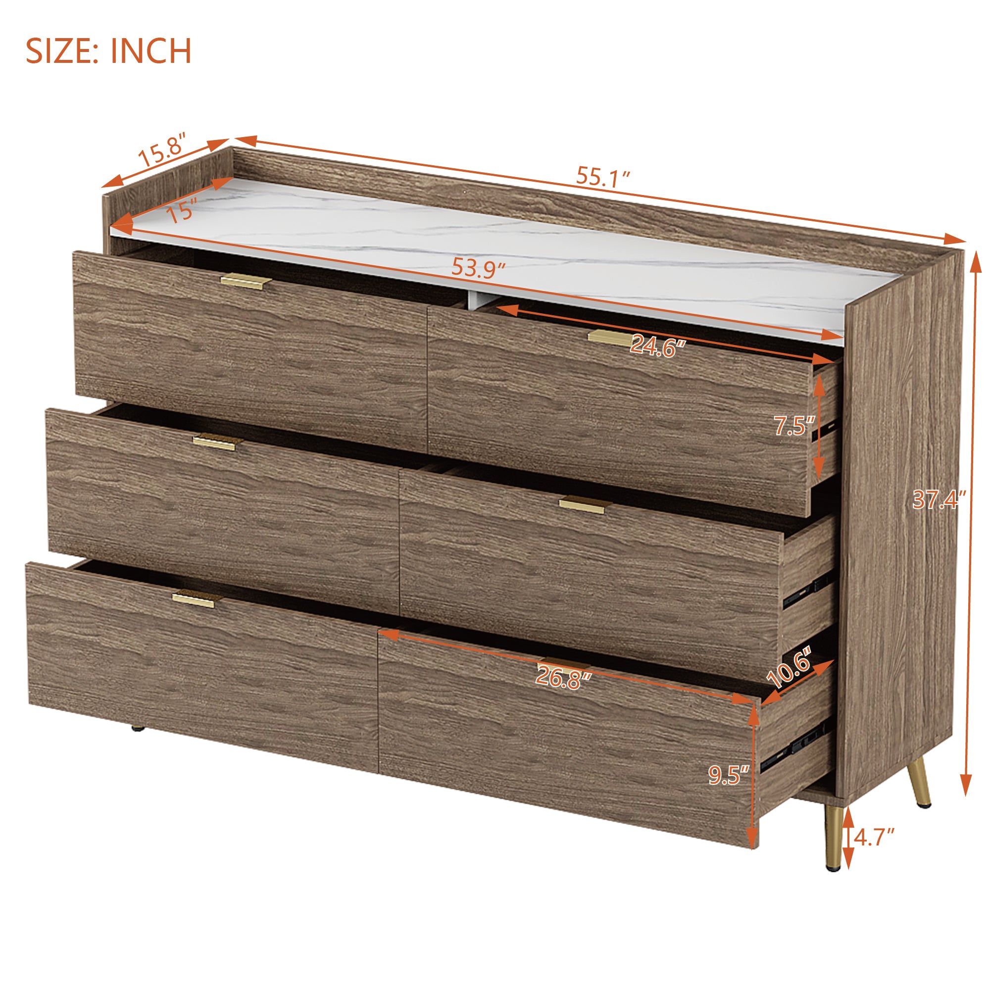 55" Long 6 Drawer Dresser with Marbling Worktop, Mordern Storage Cabinet with Metal Leg and Handle - Walnut