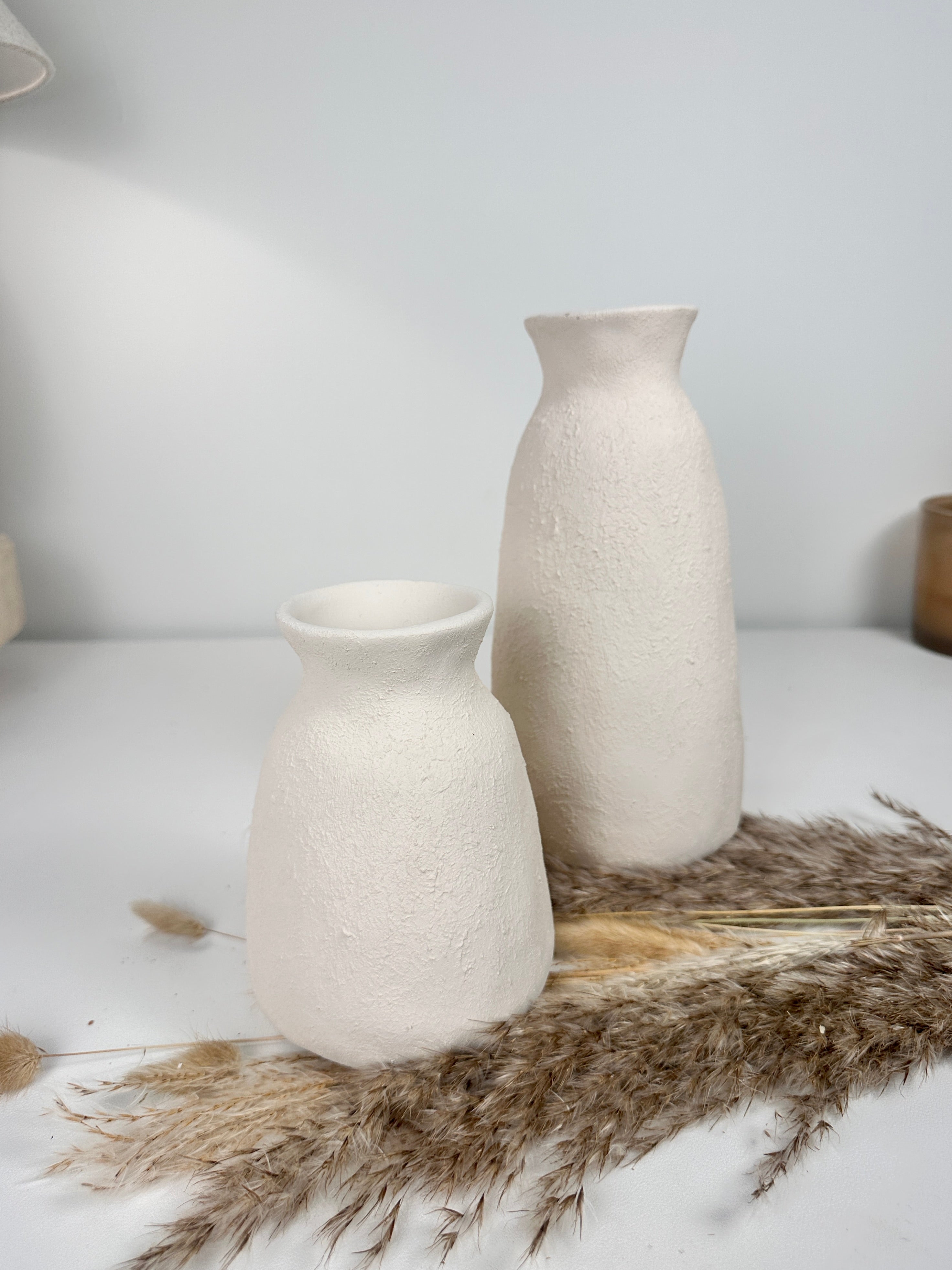 Set of 2 Vases minimalist hand-painted textured - cream