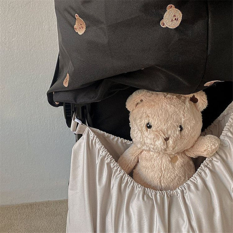 Baby Stroller Organizer Bag, White Waterproof Nylon Storage Pouch with Cute Bear Design, Universal Hanging Diaper Caddy