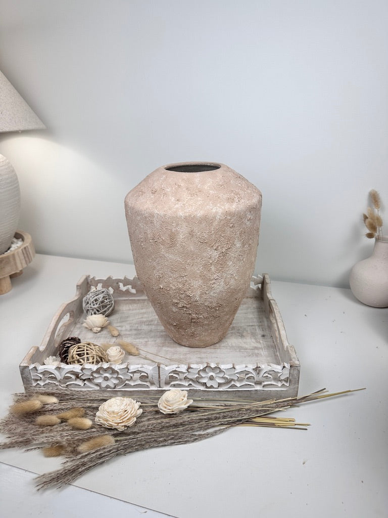 Rustic Minimalist Textured Hand-Painted Ceramic Vase 12" - Light Beige Wash