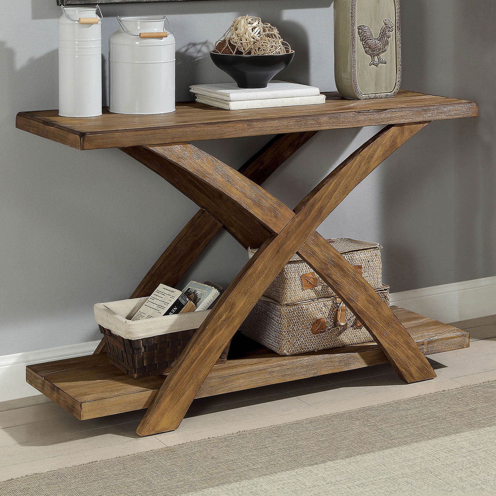 Rustic Console Sofa Table Plank Style Top Antique Light Oak Open Bottom Shelf