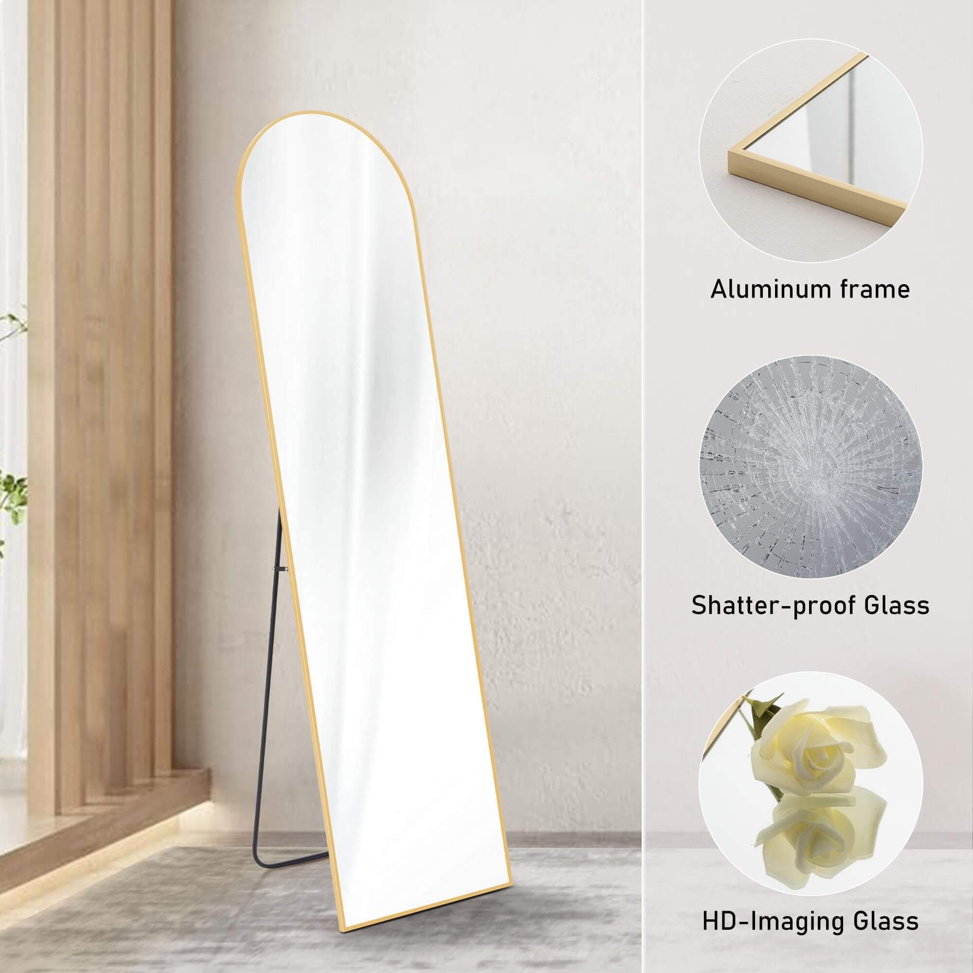 Floor Standing Mirror, Wall Mirror with Stand Aluminum Alloy Thin Frame,21''x64'',Gold-arched