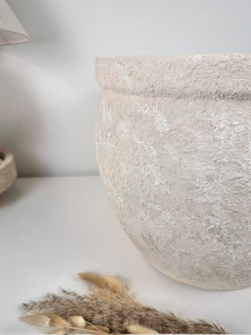Minimalist Hand-Painted & Textured Planter Pot 12" tall with drainage hole one time creation - Cream wash