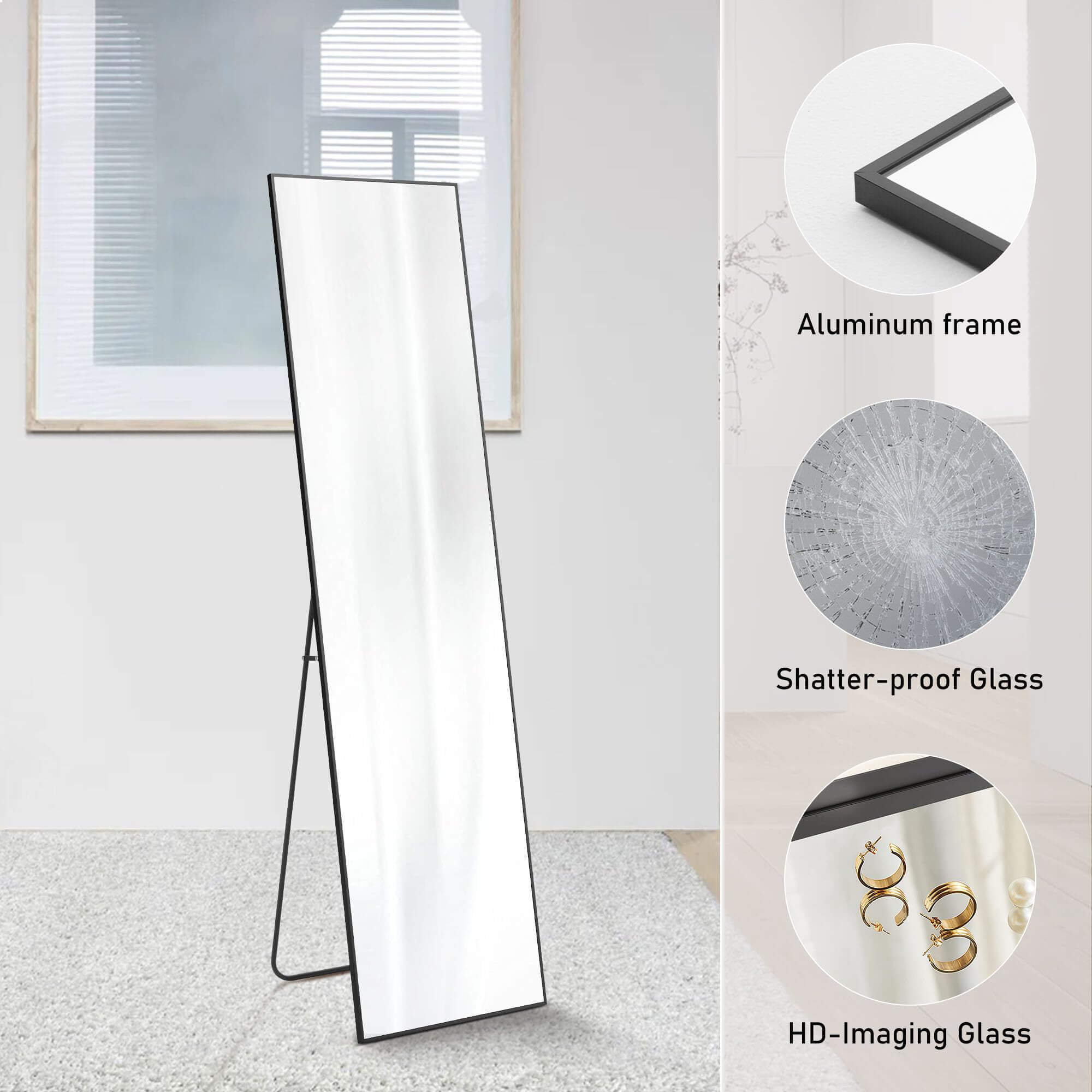 Wall Mirror with Stand Aluminum Alloy Thin Frame 21''x64'' - Black-rect