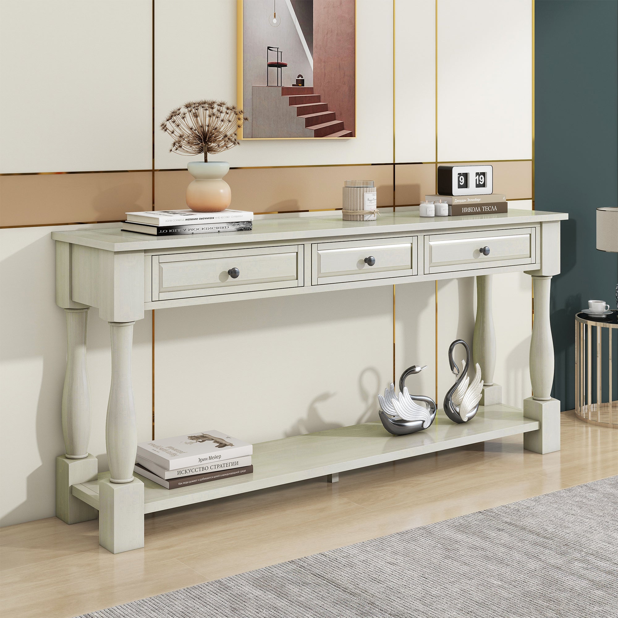 63" Long Console Table with Drawers and Shelf for Entryway, Hallway, Living Room - Antique White