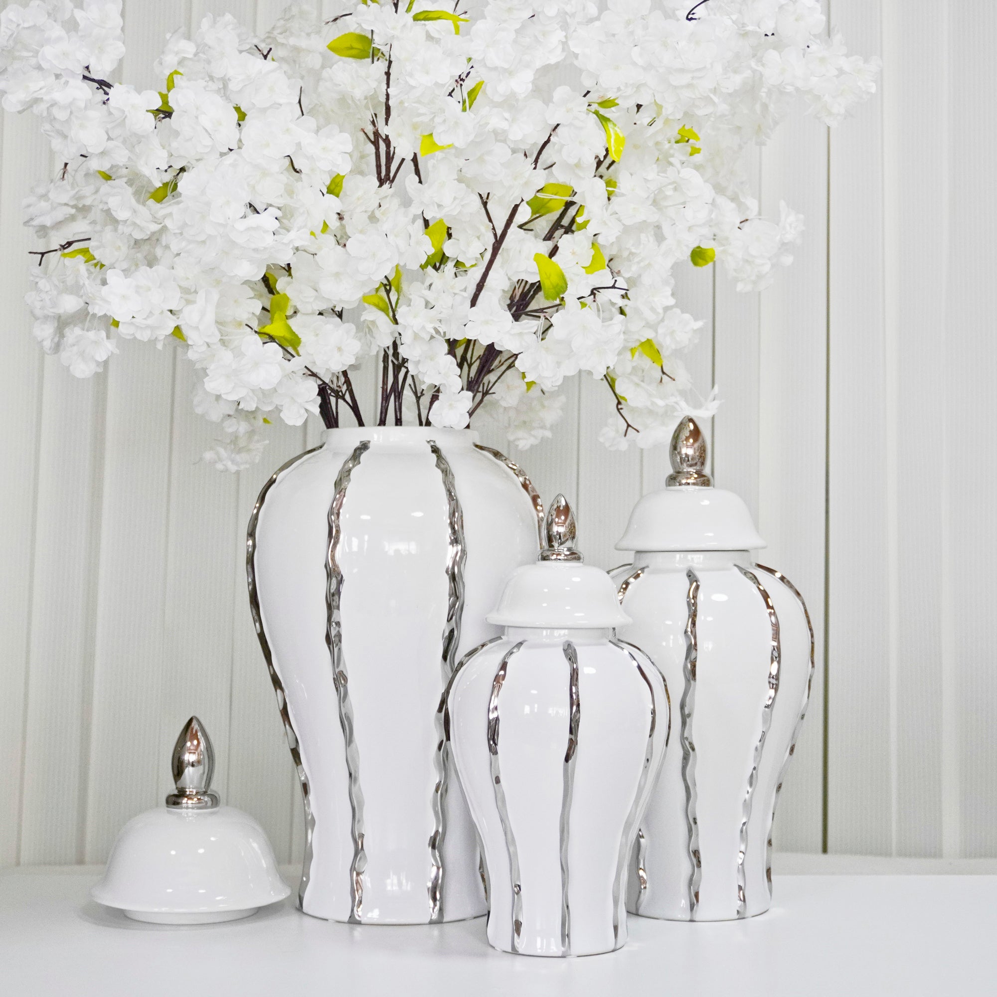 15"H White Ginger Jar with Silver Ornament