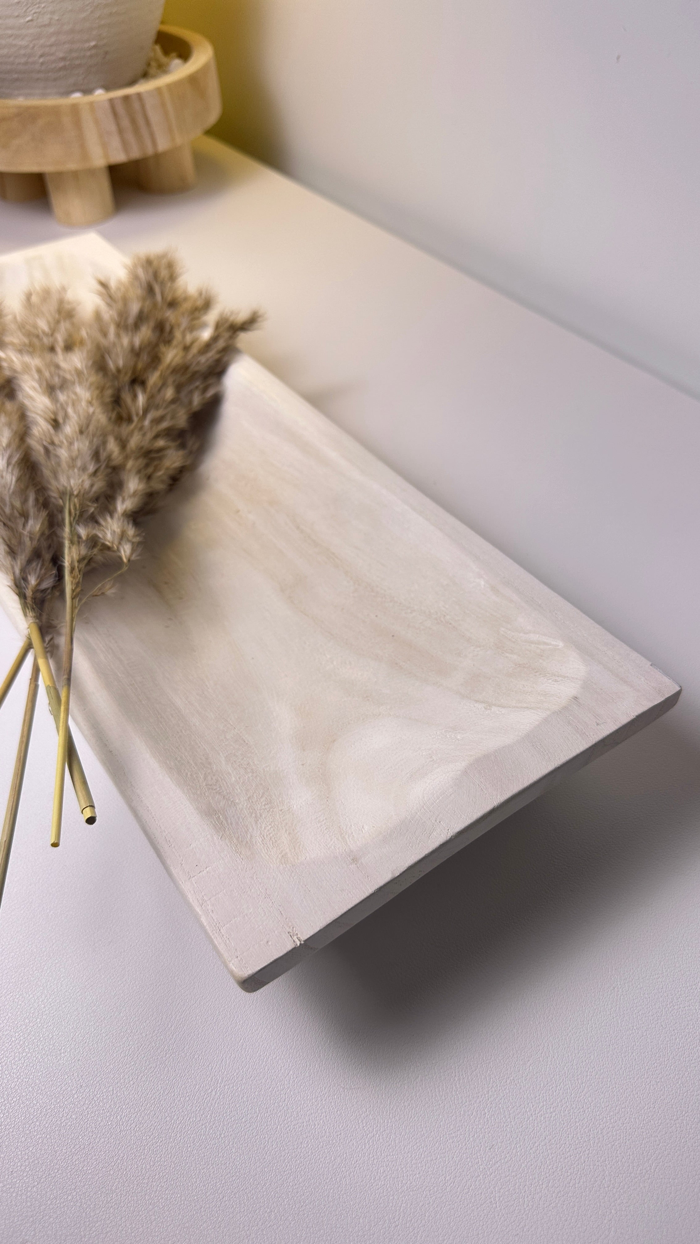 Paulownia Wood Boho Tray 20" long - Ivory Sand Whitewashed