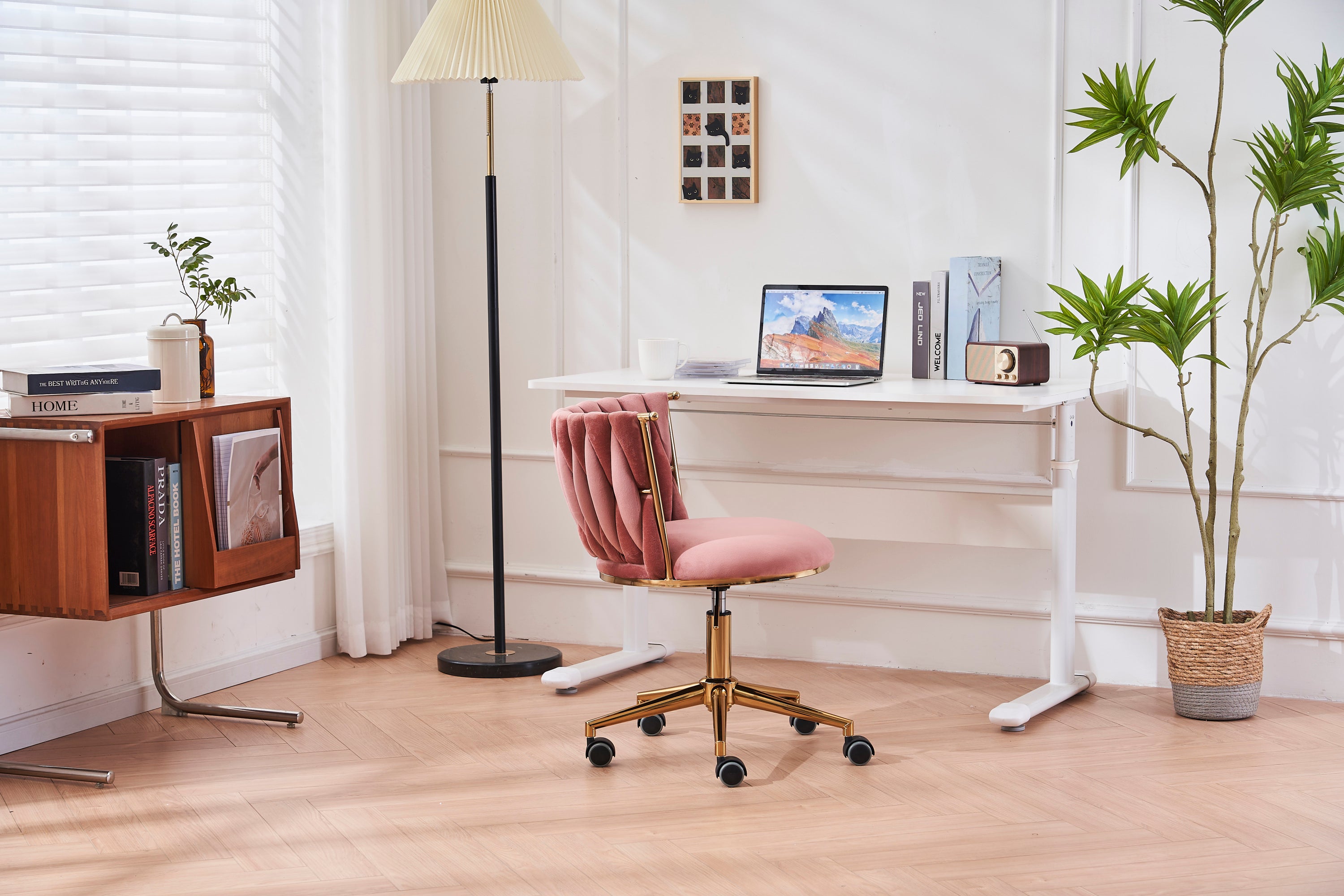 Upholstered Home Office Desk Chairs with Adjustable Swivel Wheels - Pink