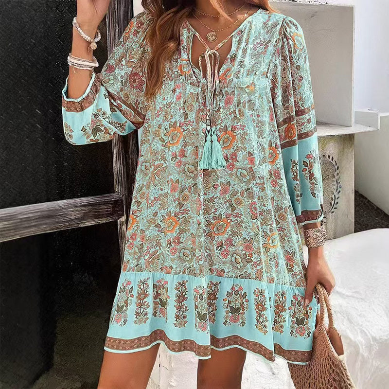 Women's Floral Print Mini Dress, V-Neck with Tassel Tie, Long Sleeve, Boho Summer Style