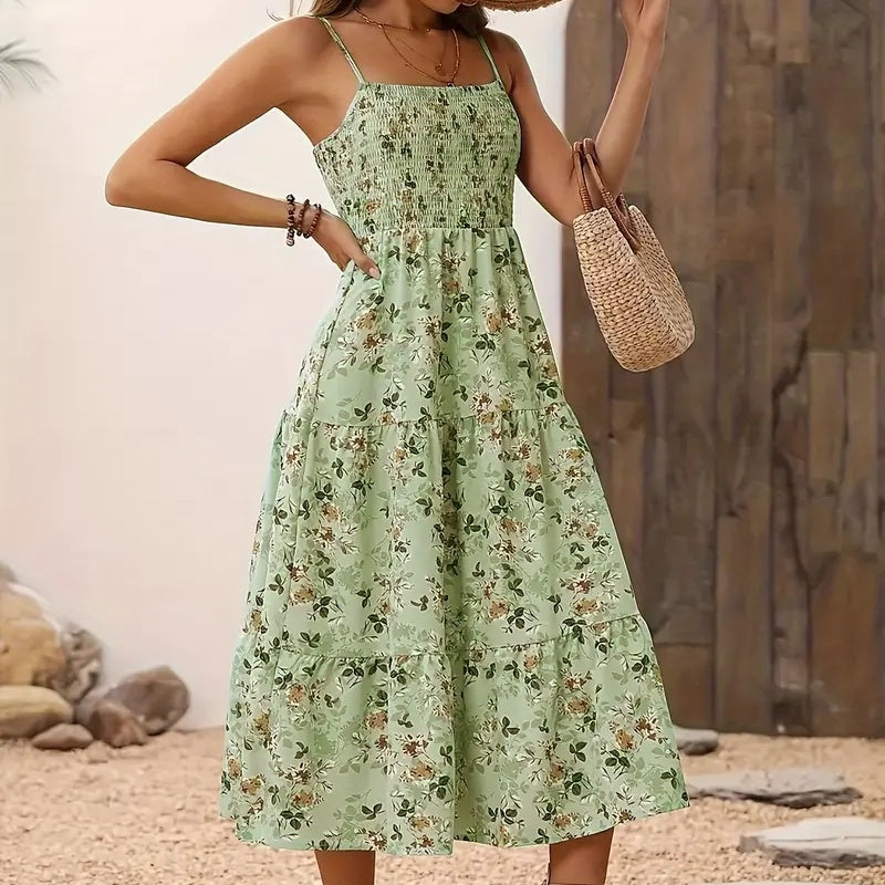 Women's Floral Midi Dress, Smocked Bodice, Spaghetti Strap, Tiered Summer Dress
