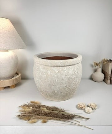 Minimalist Hand-Painted & Textured Planter Pot 12" tall with drainage hole one time creation - Cream wash