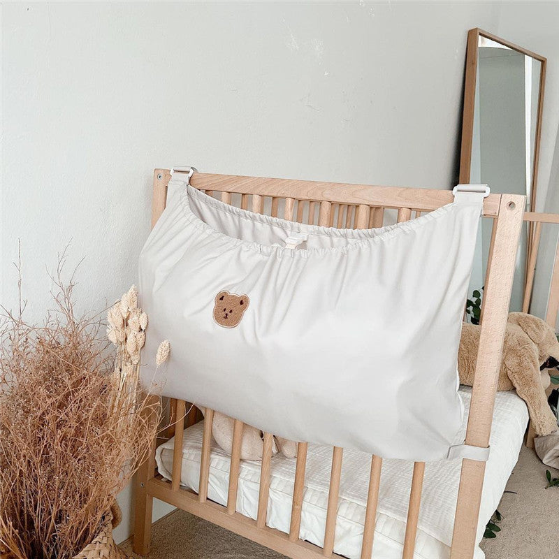 Baby Stroller Organizer Bag, White Waterproof Nylon Storage Pouch with Cute Bear Design, Universal Hanging Diaper Caddy