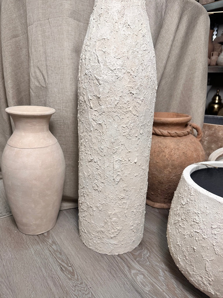 Art Piece 36" Tall Floor Vase Metal/Plaster Textured Minimalist Style - Off White Washed