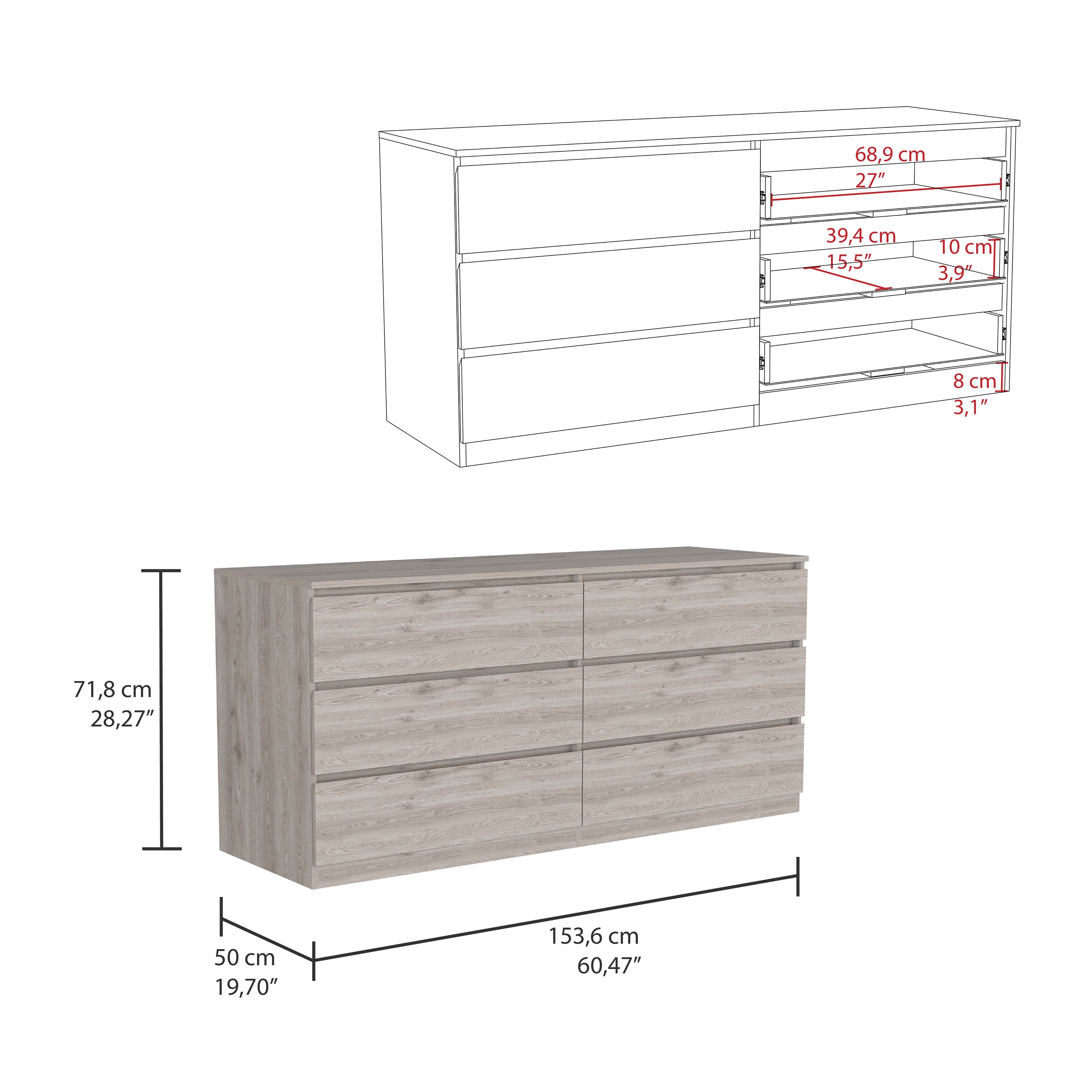 6 Drawer Double Dresser - Light Gray