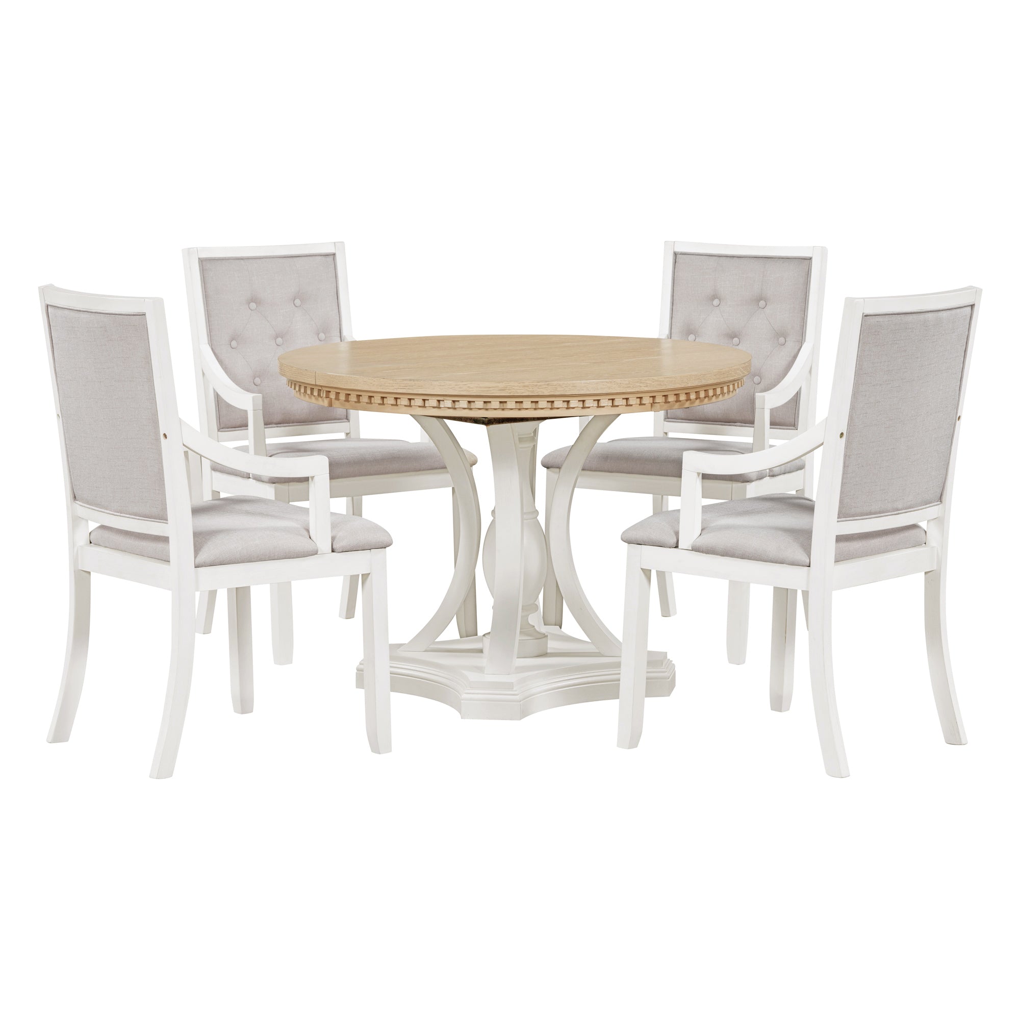 Retro 5-piece Dining Set Extendable Round Table and 4 Chairs - Oak Natural Wood + Antique White