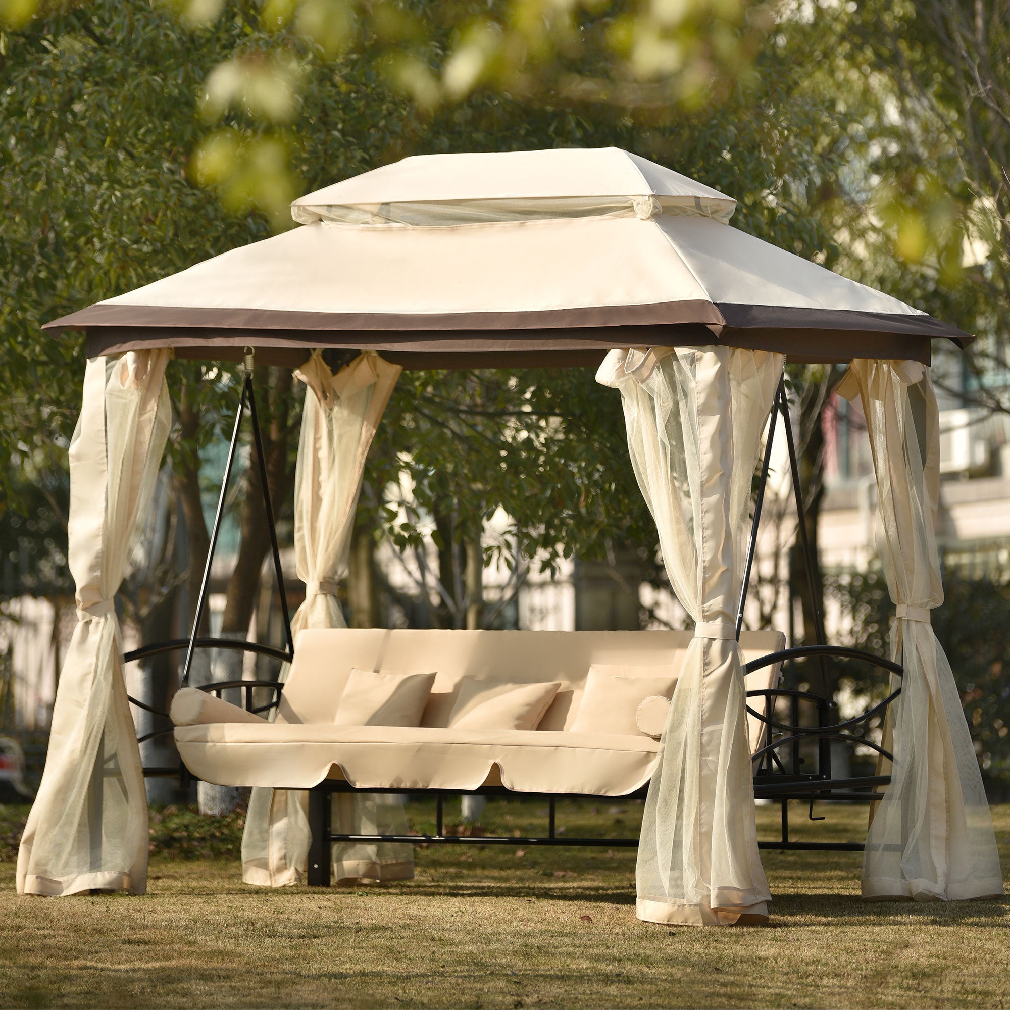 8.9 Ft. W x 5.9 Ft. D Outdoor Gazebo with Convertible Swing Bench, Double Roof Soft Canopy Garden Backyard Gazebo with Mosquito Netting Suitable for Lawn, Garden, Backyard