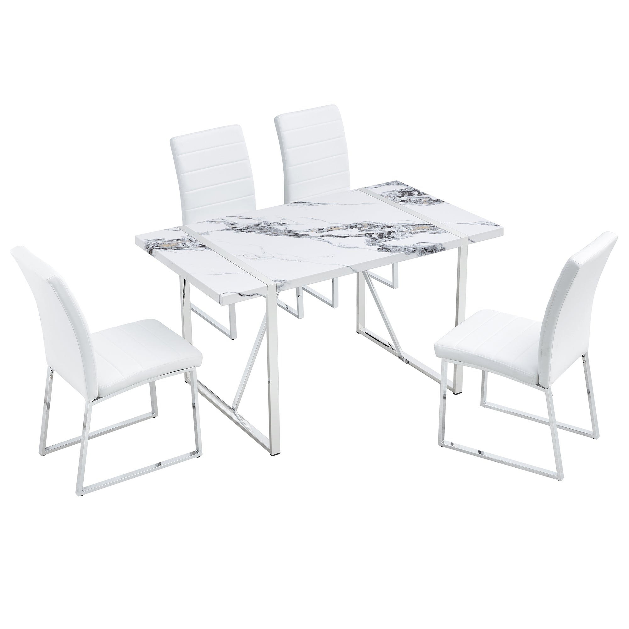 Dining Table Chairs Set for 4, Rectangular Dining Room Table Set, Faux Marble Modern Dining Table & Leather Chairs for Kitchen Dining Room, White