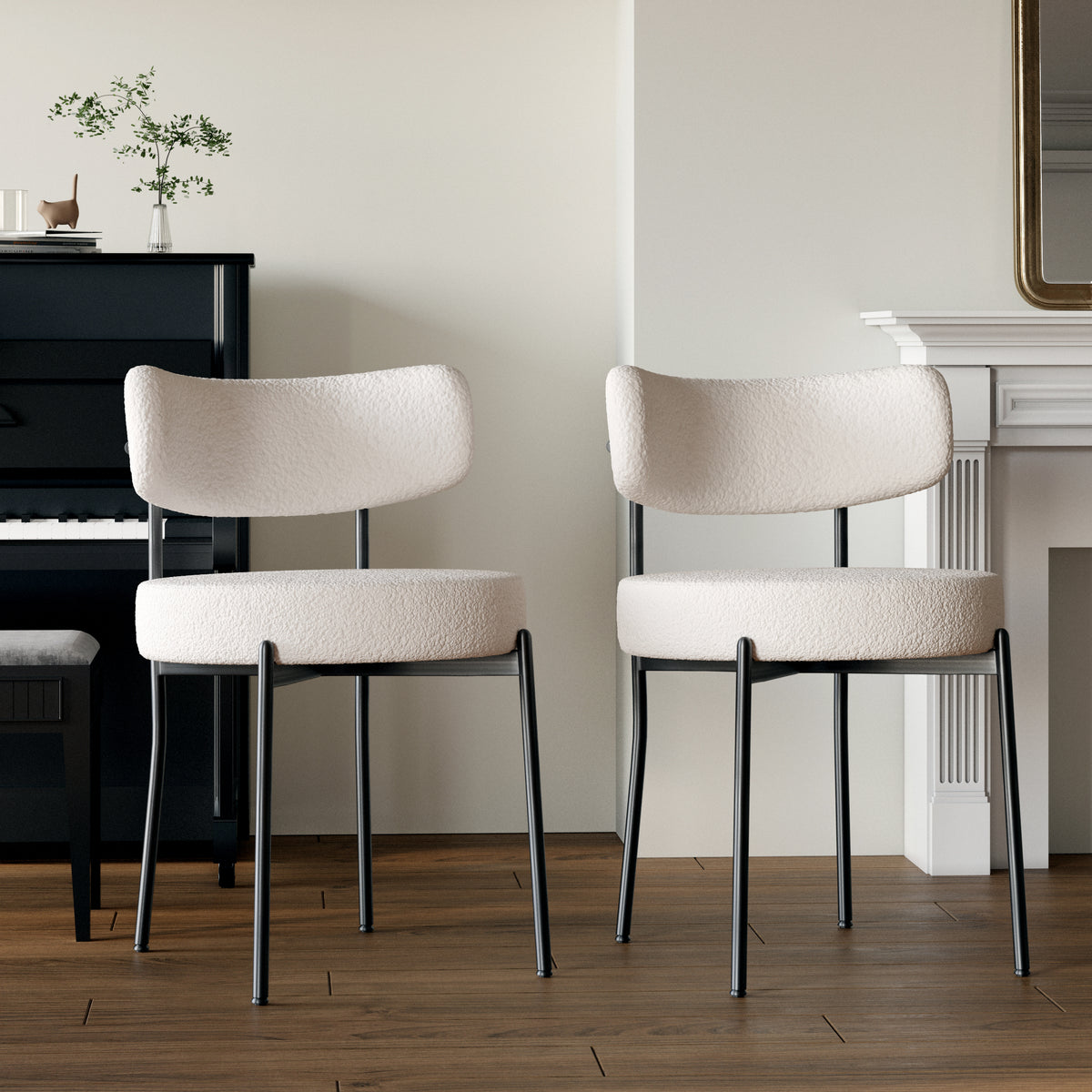 Set of 2 Dining Chairs, Mid-Century Modern, Curved Backrest Round Upholstered Boucle with Black Metal Legs