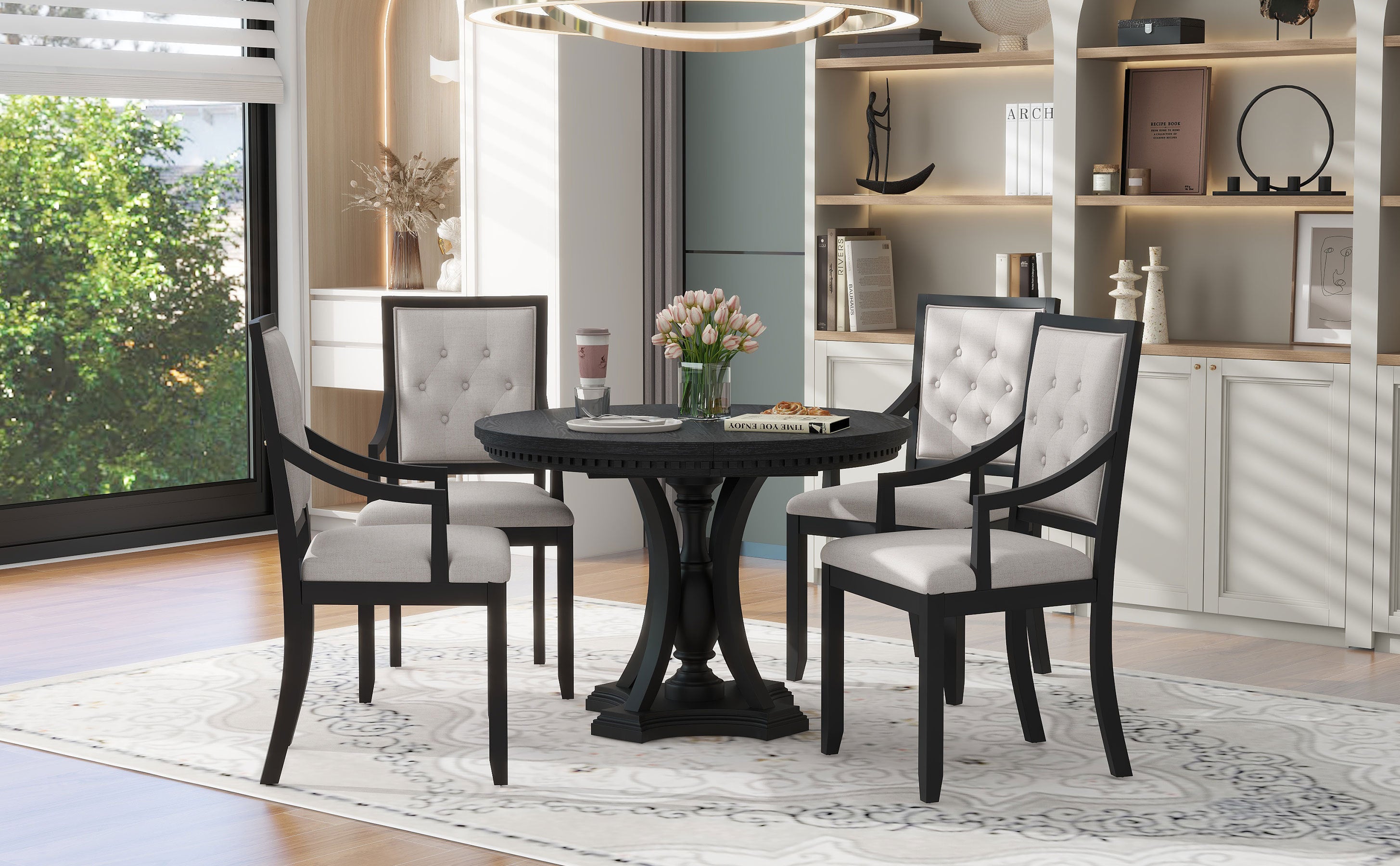 5-piece Dining Set Extendable Round Table and 4 Chairs for Kitchen Dining Room - Black Oak