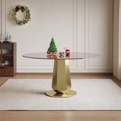 53 inch Luxury Round Dining Table with Smoked Glass Top, Modern Kitchen Table for 4-8 People, Gold Stainless Steel Base & Easy Assembly, Space Saving Breakfast Table for Apartments