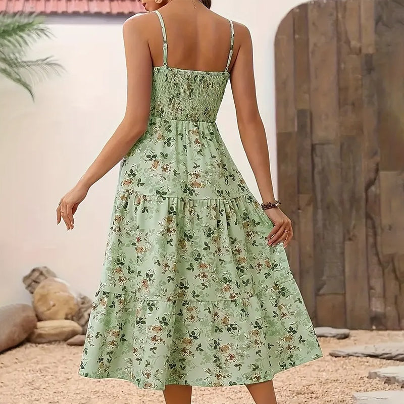 Women's Floral Midi Dress, Smocked Bodice, Spaghetti Strap, Tiered Summer Dress