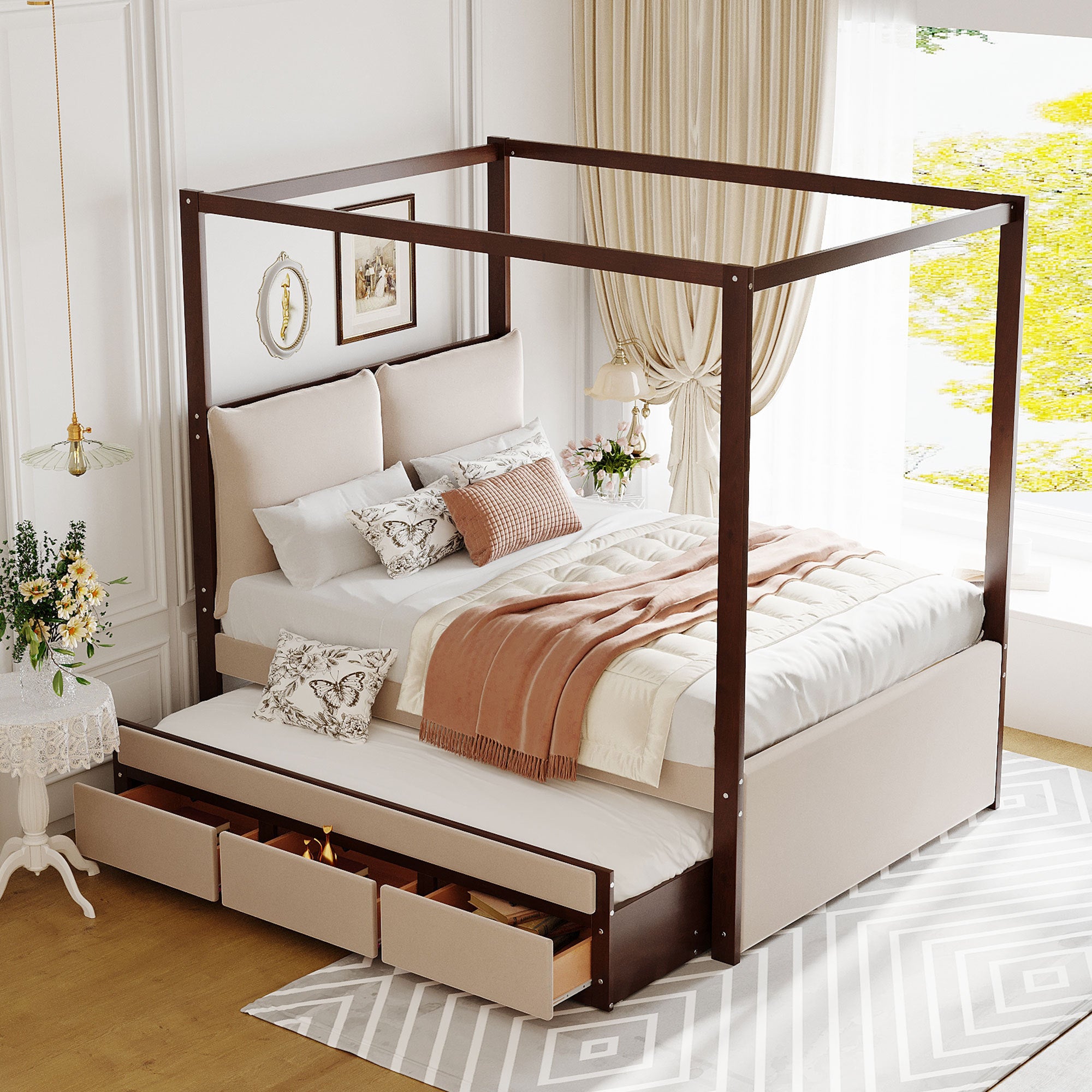 Full Size Upholstered  Canopy Bed with Trundle and 3 Drawers - Beige