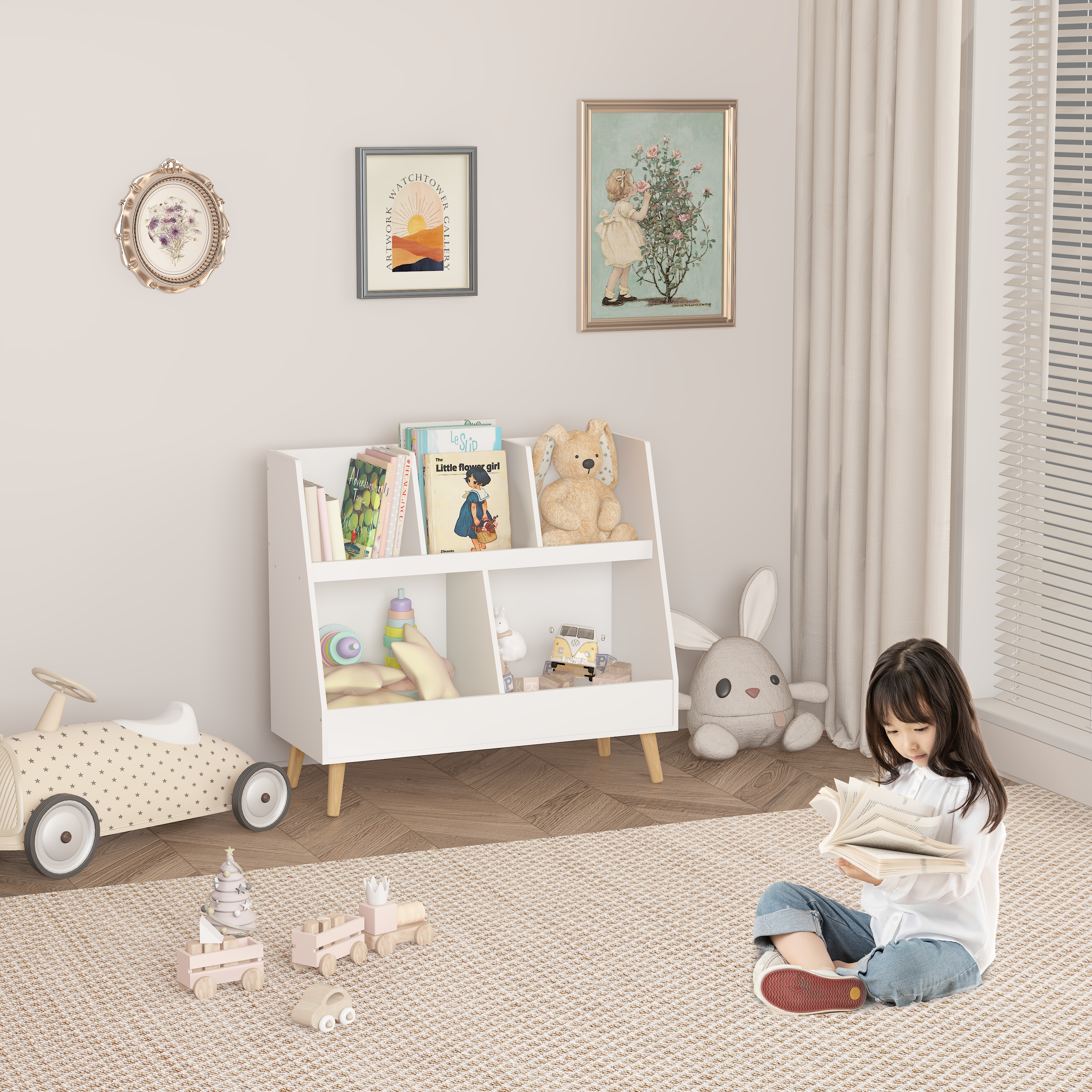 Kids Bookshelf and Toy Organizer, 5 Cubbies Wooden Open Bookcase, 2-Tier Baby Storage Display Organizer with Legs, Free Standing for Playing Room, Bedroom, Nursery, Classroom - White