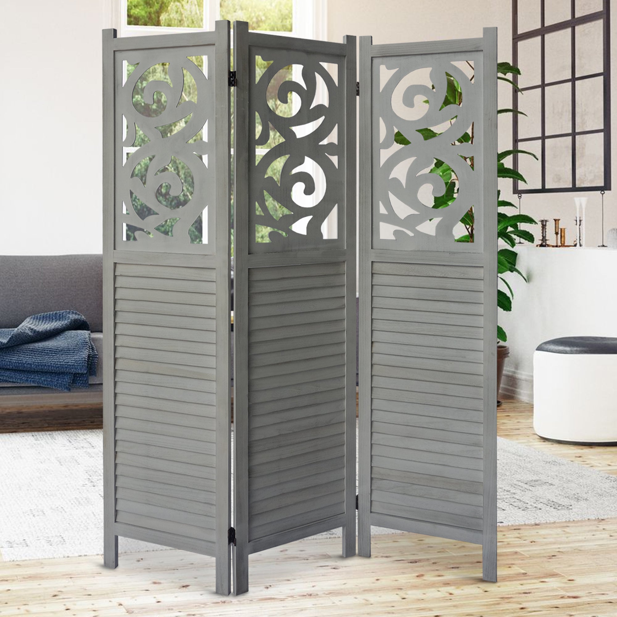 Paulownia Wood Panel Divider Screen, 67 Inch Ornate Scrolled Shutter Design, 3 Panels - Rustic Gray