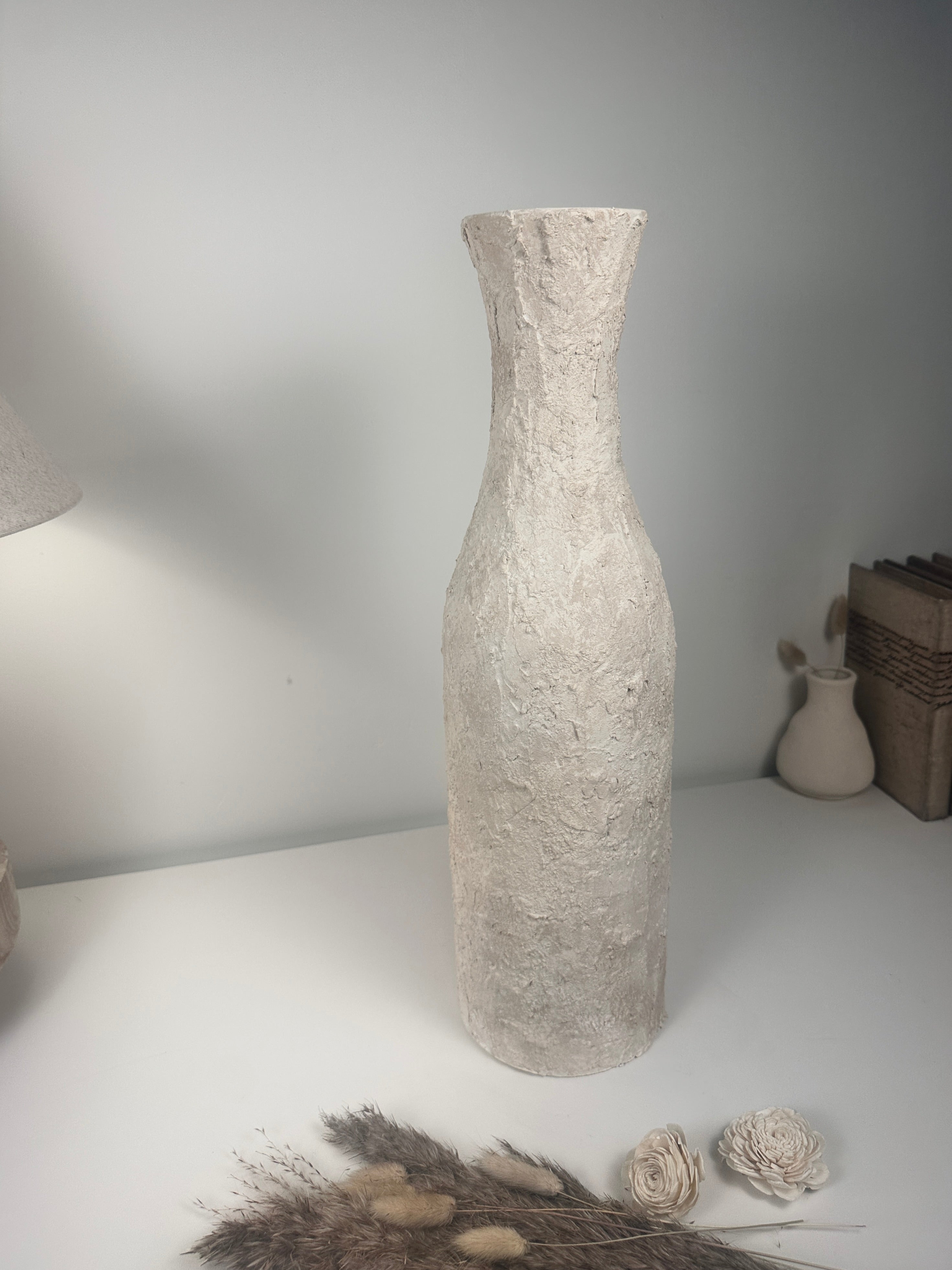 Minimalist Art Piece Floor Vase 19.5" tall - textured and hand-painted - off white