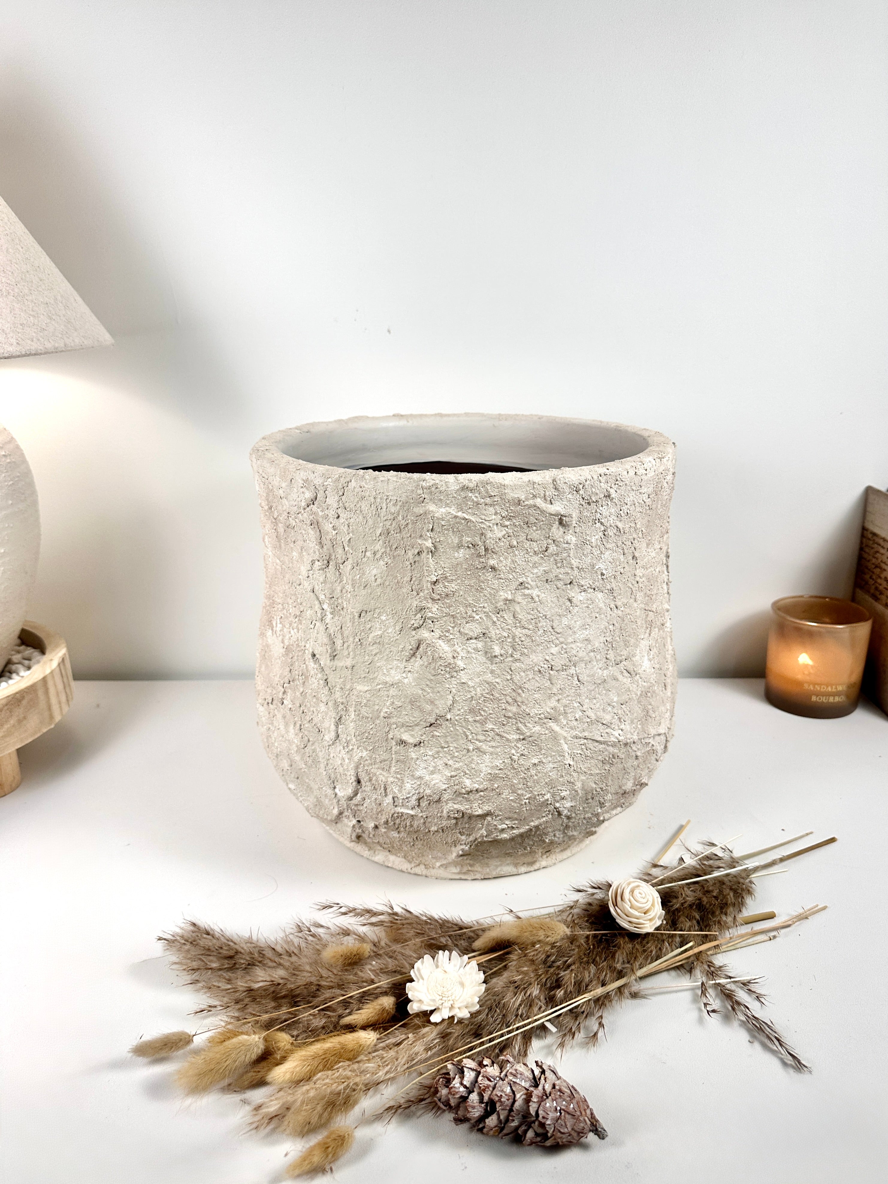 Minimalist Hand-Painted & Textured Planter Pot 12" tall with drainage hole one time creation - Cream Linen wash