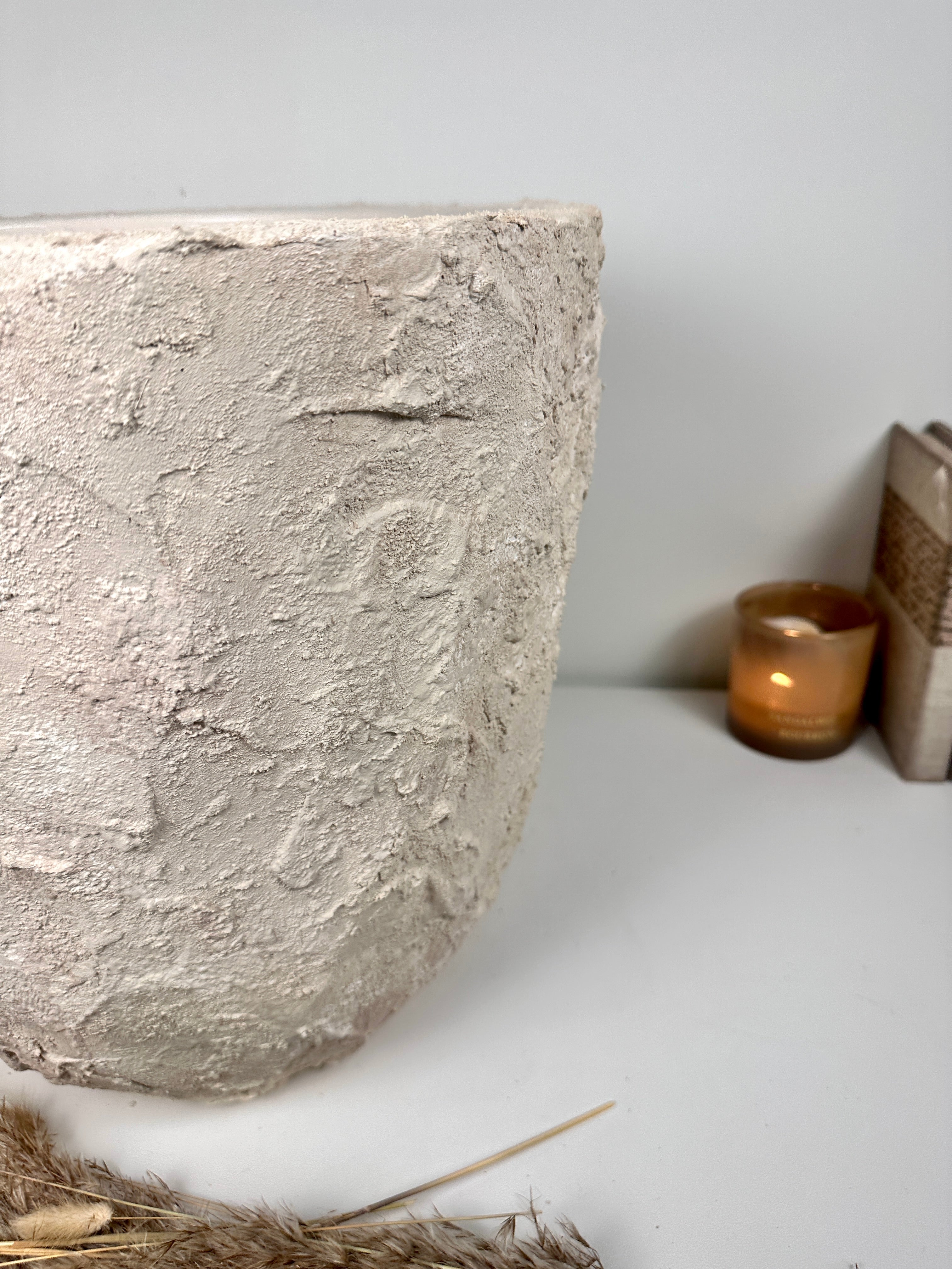 Minimalist Hand-Painted & Textured Planter Pot 14" tall with drainage hole one time creation - Cream