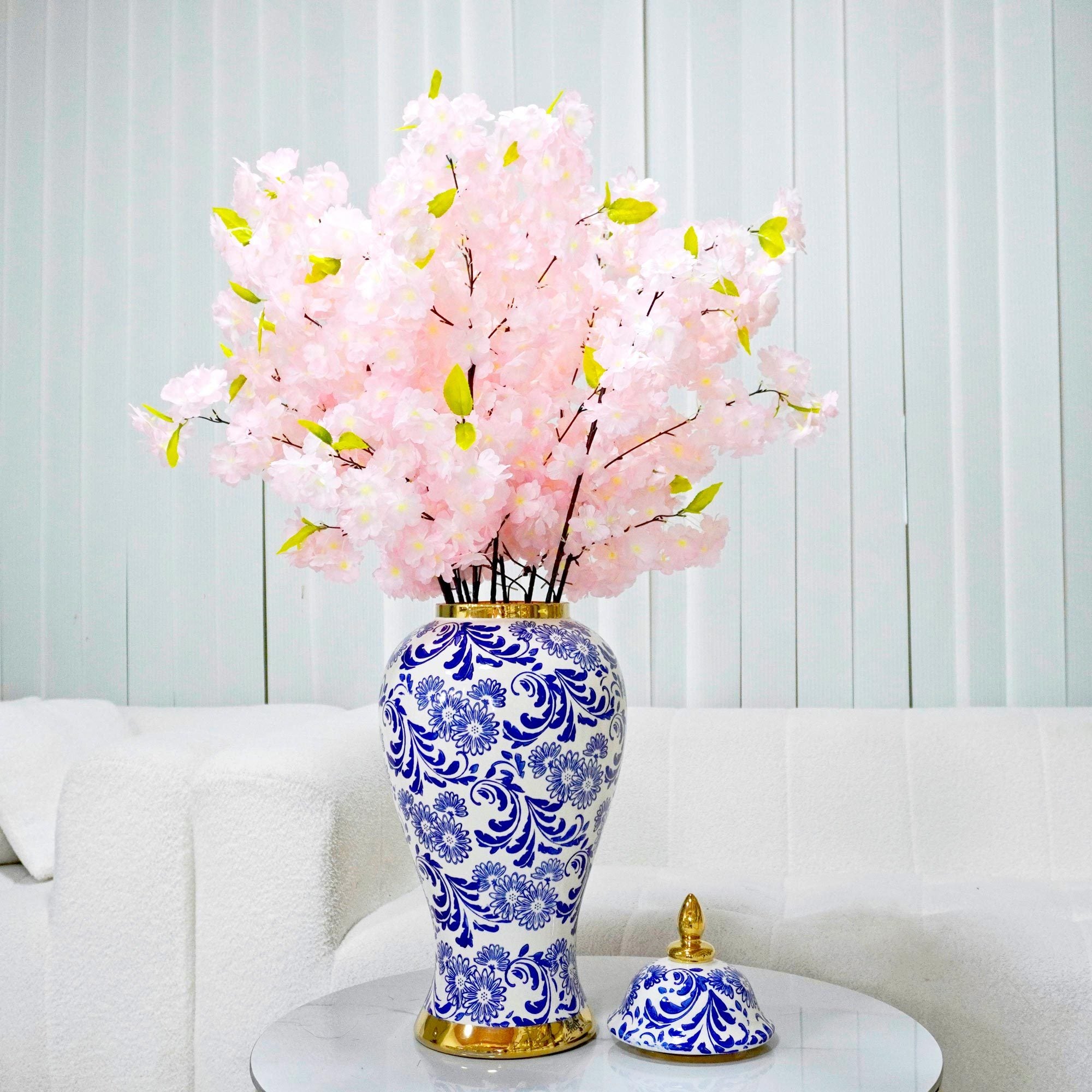 14"H White Ceramic Ginger Jar Vase with Blue & Gold Accents and Removable Lid