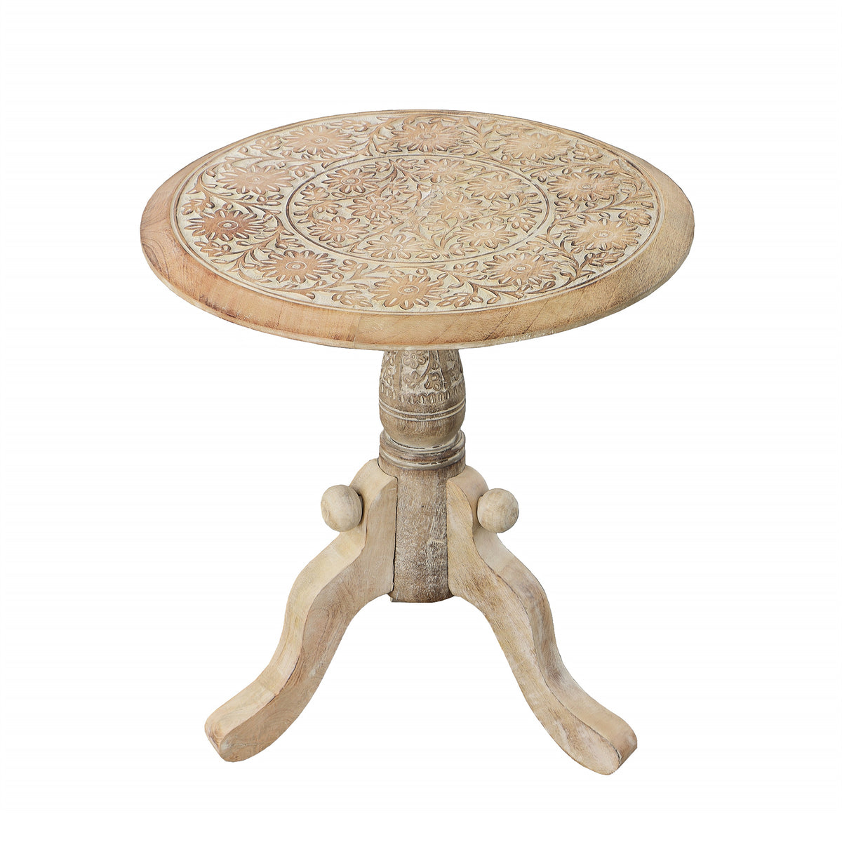French Style Intricately Carved Round Top Mango Wood Side End Table with Pedestal Base - Natural and White