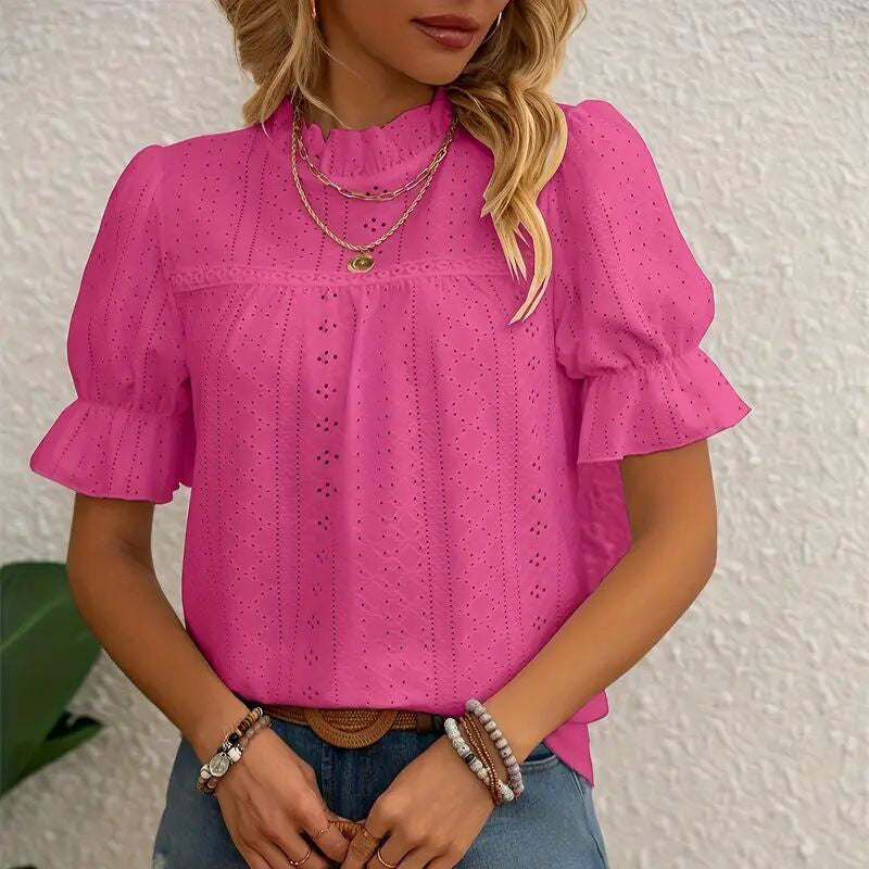 Women's Elegant Ruffle Detail Blouse Short Sleeve Round Neck Top