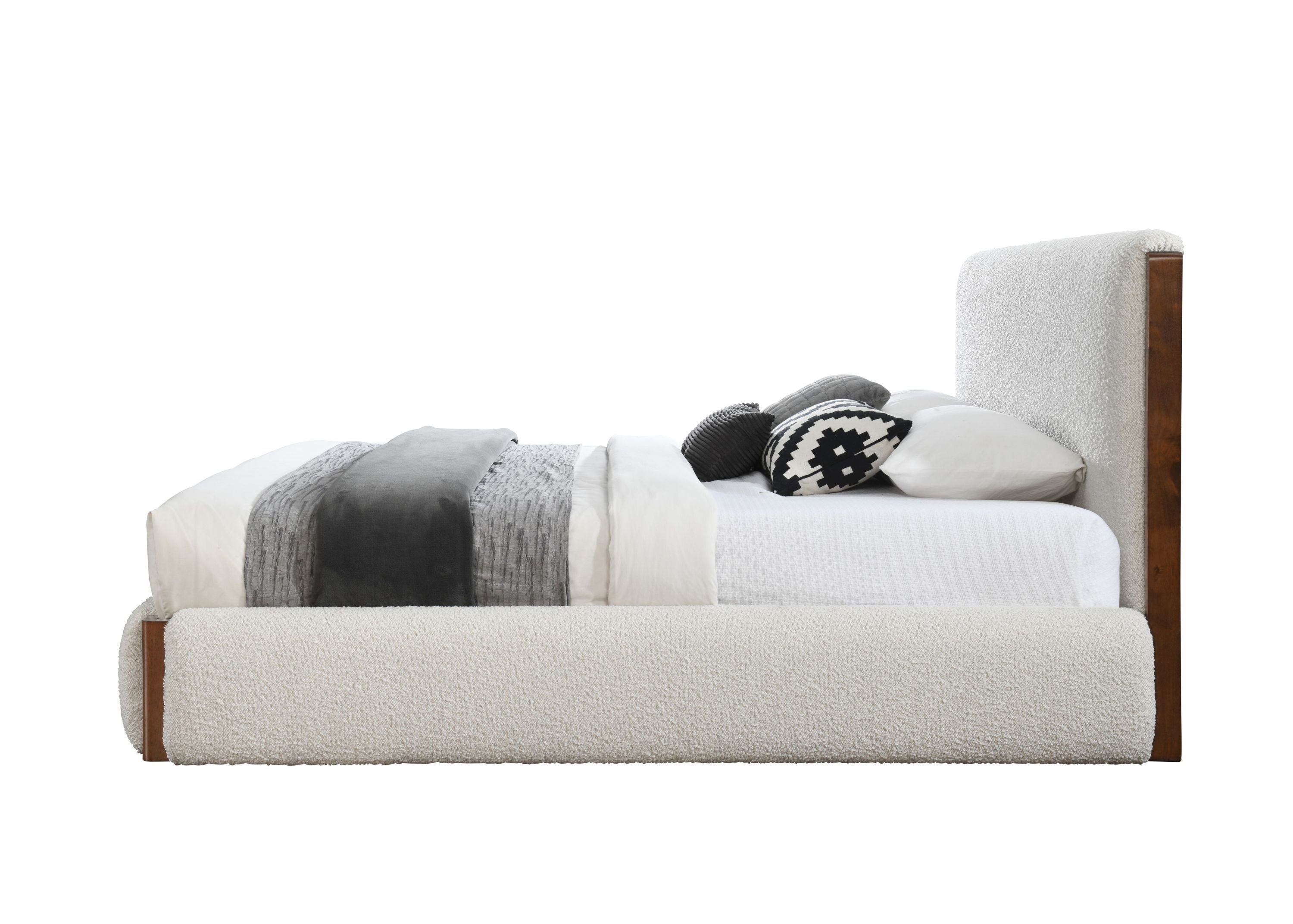 Queen Bed, White Boucle & Walnut Finish