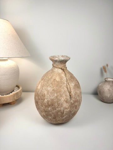 Rustic Hand-Painted Ceramic Round Bottle Vase 15" tall -  Brown Washed