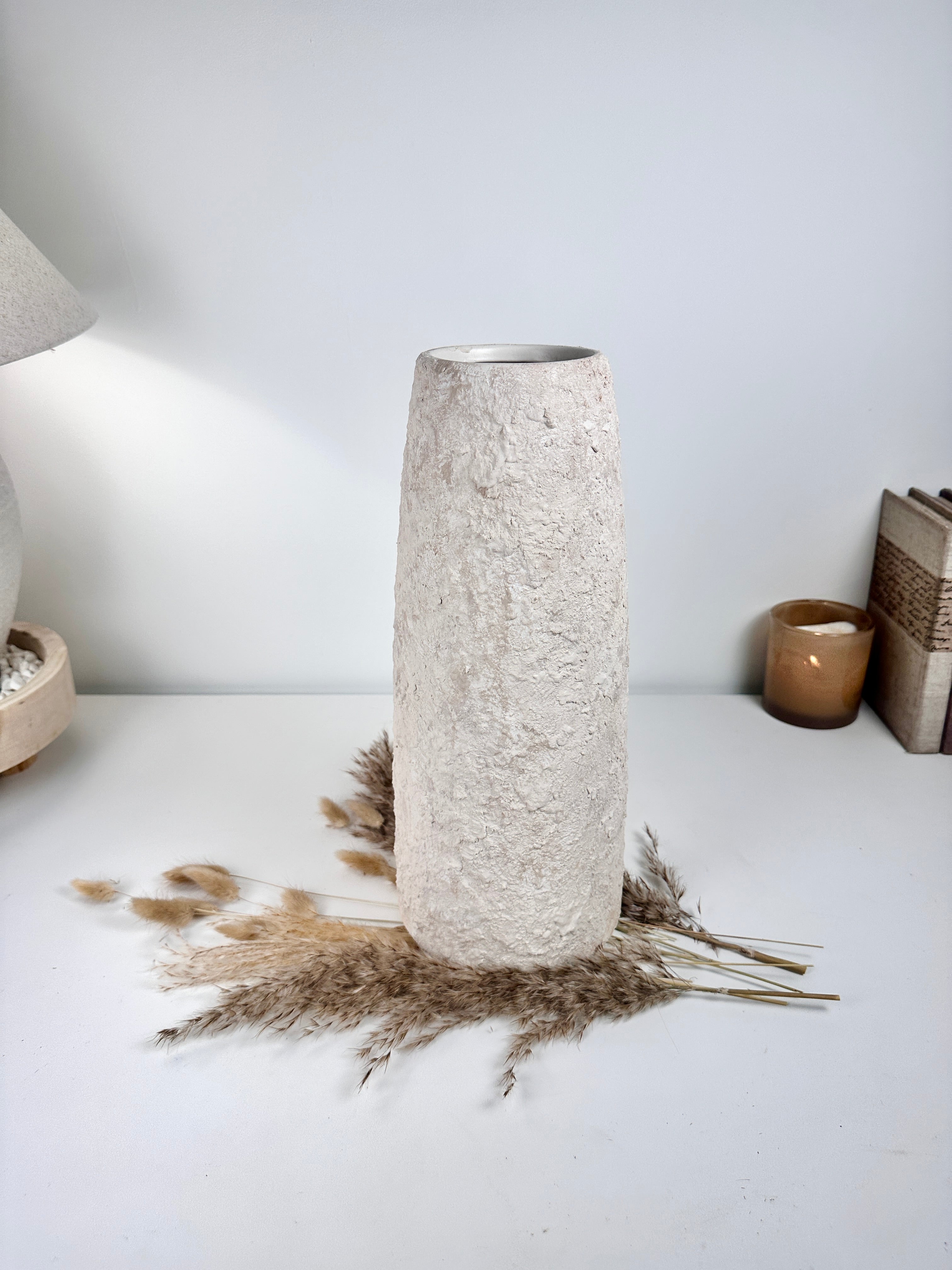 Minimalist Textured Hand-painted Ceramic Vase 15" tall - Cream Sand washed
