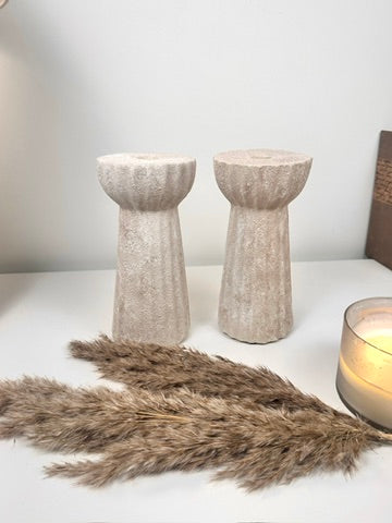 Set of 2 Textured Hand-Painted Candlestick 10" tall - Beige Washed