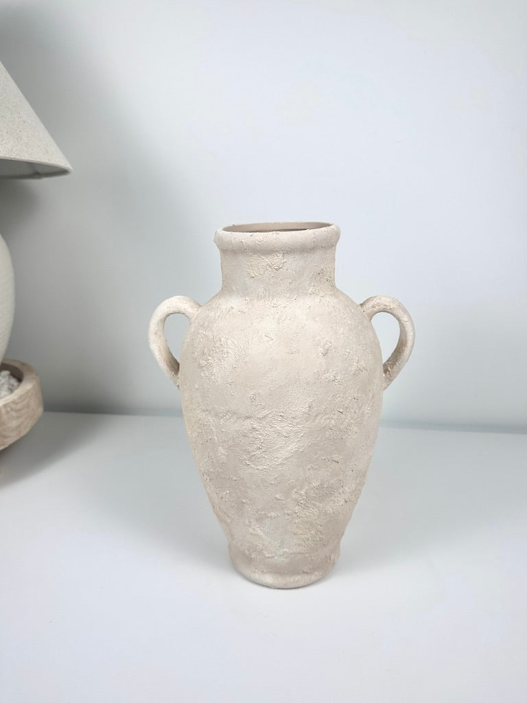 Minimalist Roman Style Textured Hand-painted Ceramic Vase 12" tall - cream/off-white