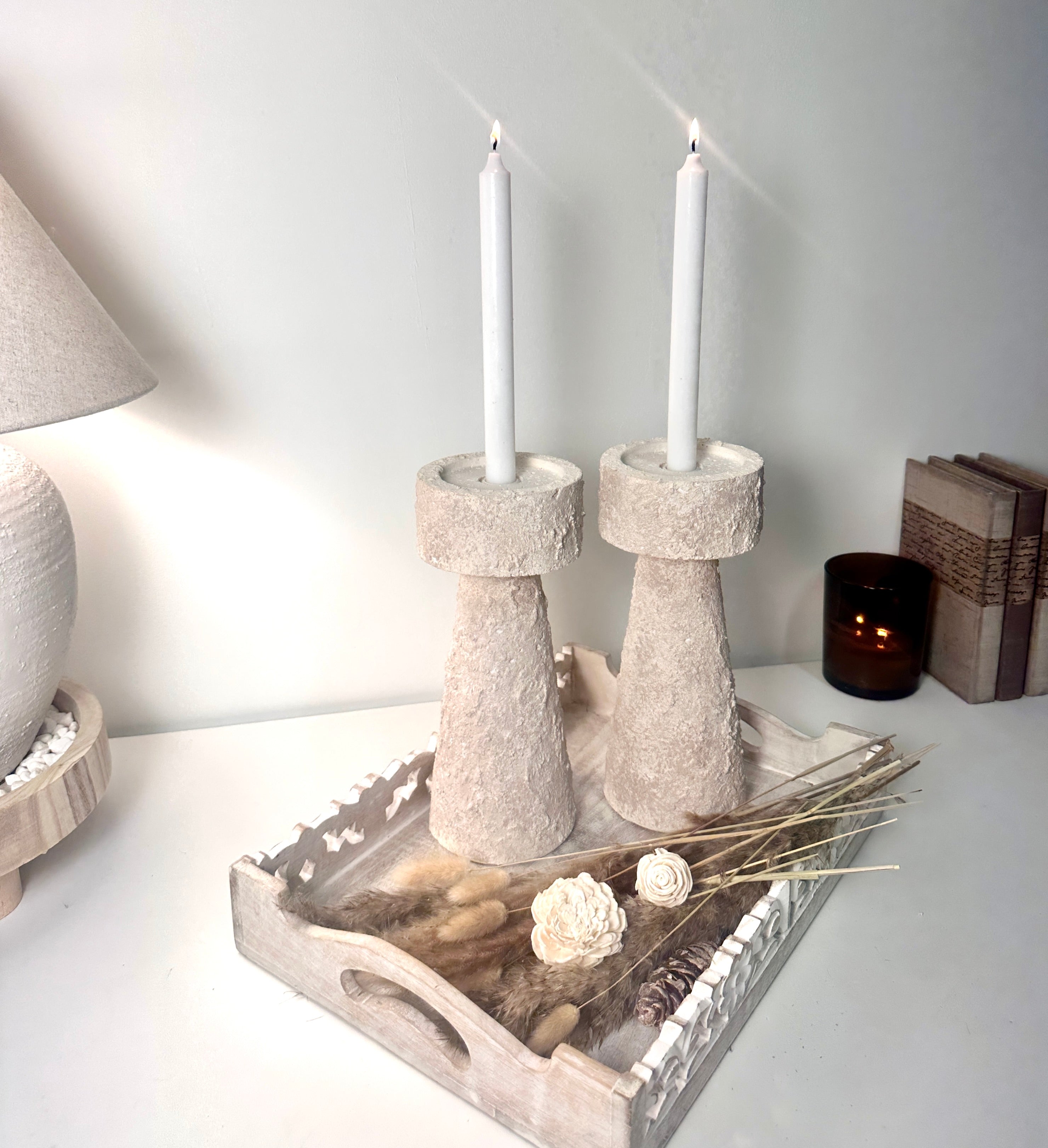 Set of 2 candle holder tray and stick minimalist style 11" tall - Cream wash