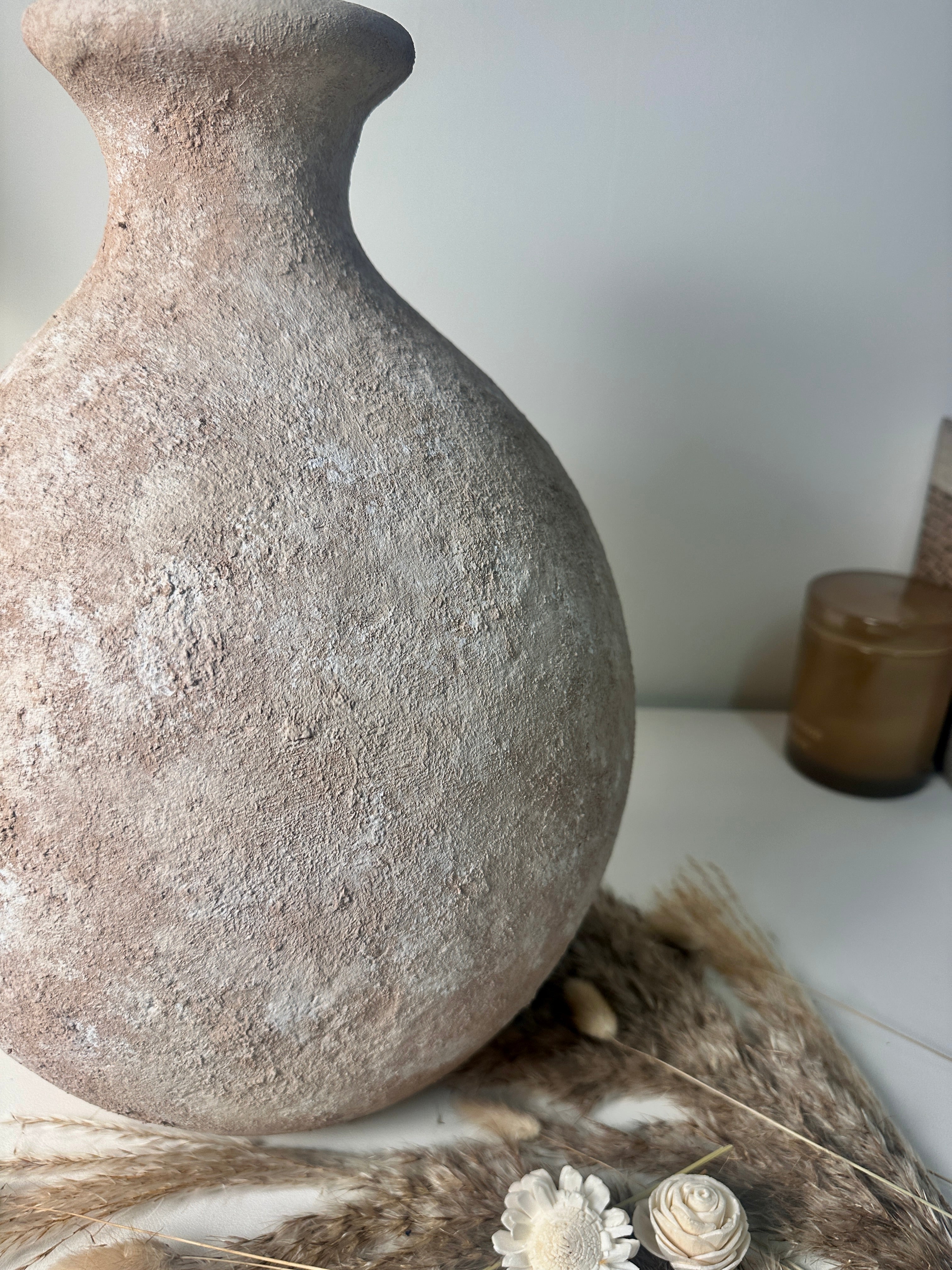 Minimalist Textured Hand-Painted Vase 15" tall - Light Beige Wash
